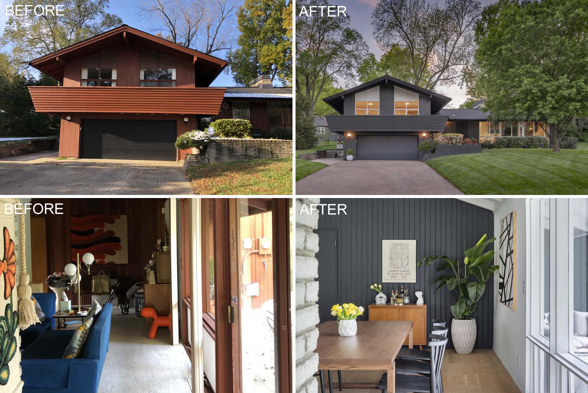 Before & After - A mid-century modern renovation with a new dark exterior and bright interior.