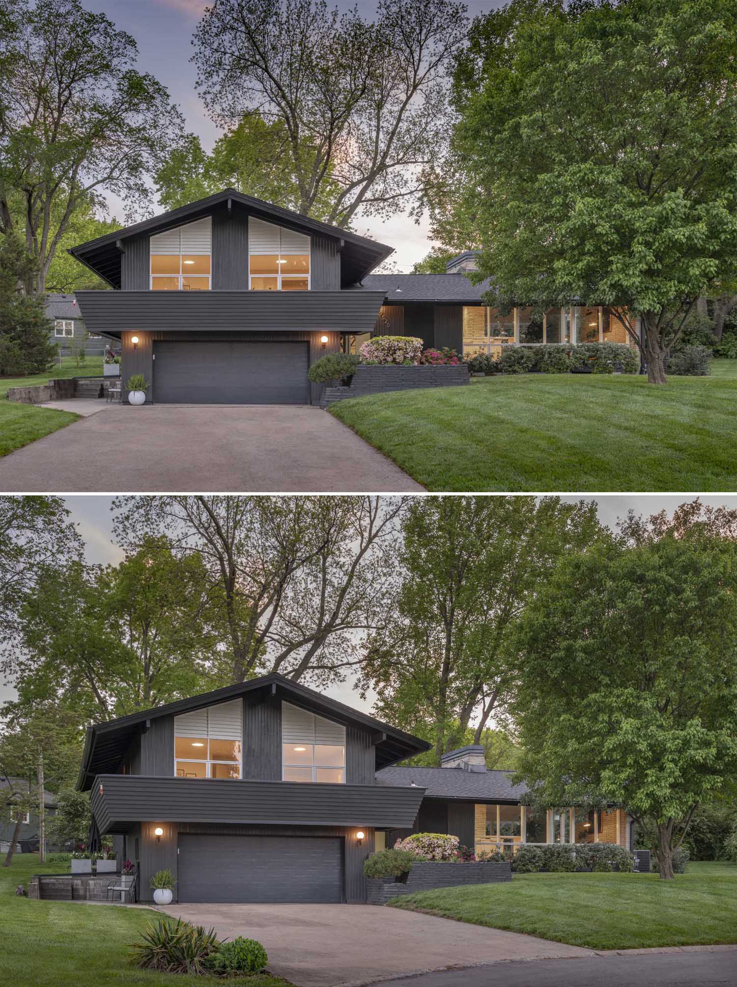 An updated mid-century modern home with a new dark exterior.