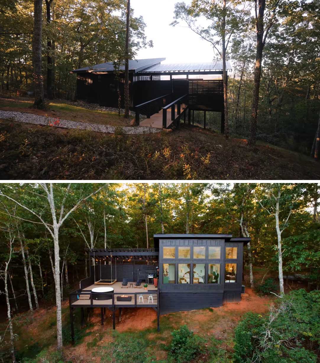 A modern cabin with black board and batten siding, and a large deck.