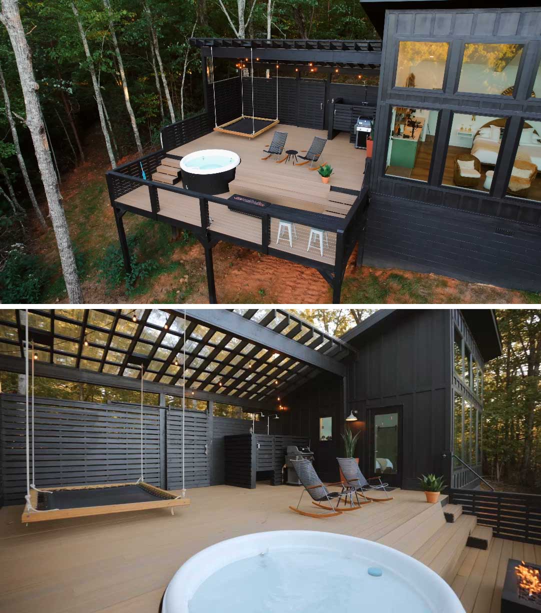The deck of a modern mountain cabin includes a hot tub, a hanging net bed, a gas fire pit for cool nights, a built-in breakfast bar, and outdoor showers.