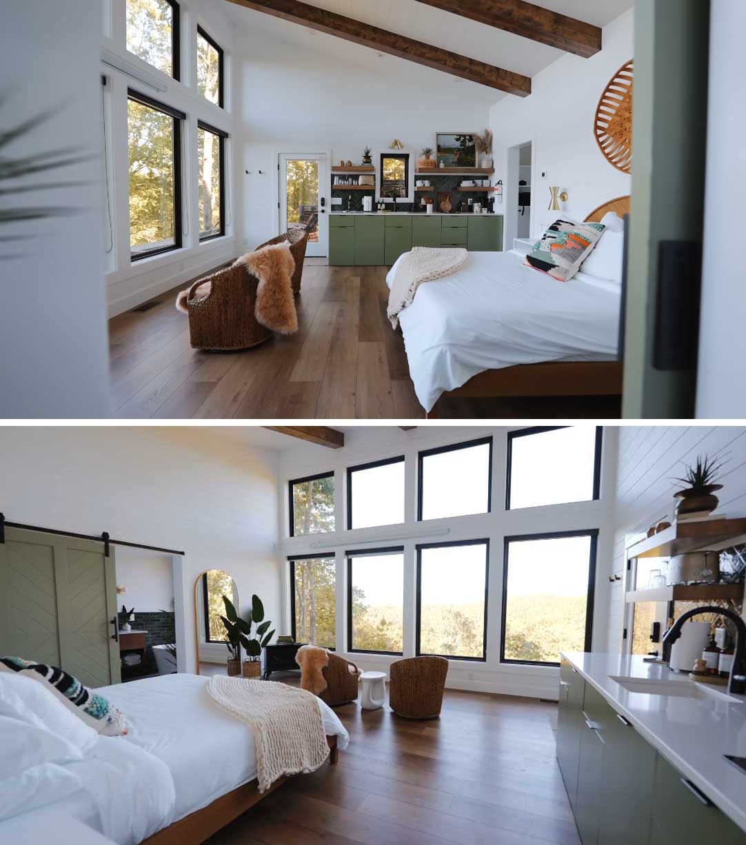 This modern cabin has been designed with an open floor plan, much like a studio apartment, with the king bed sharing the space with the sitting area and kitchen.