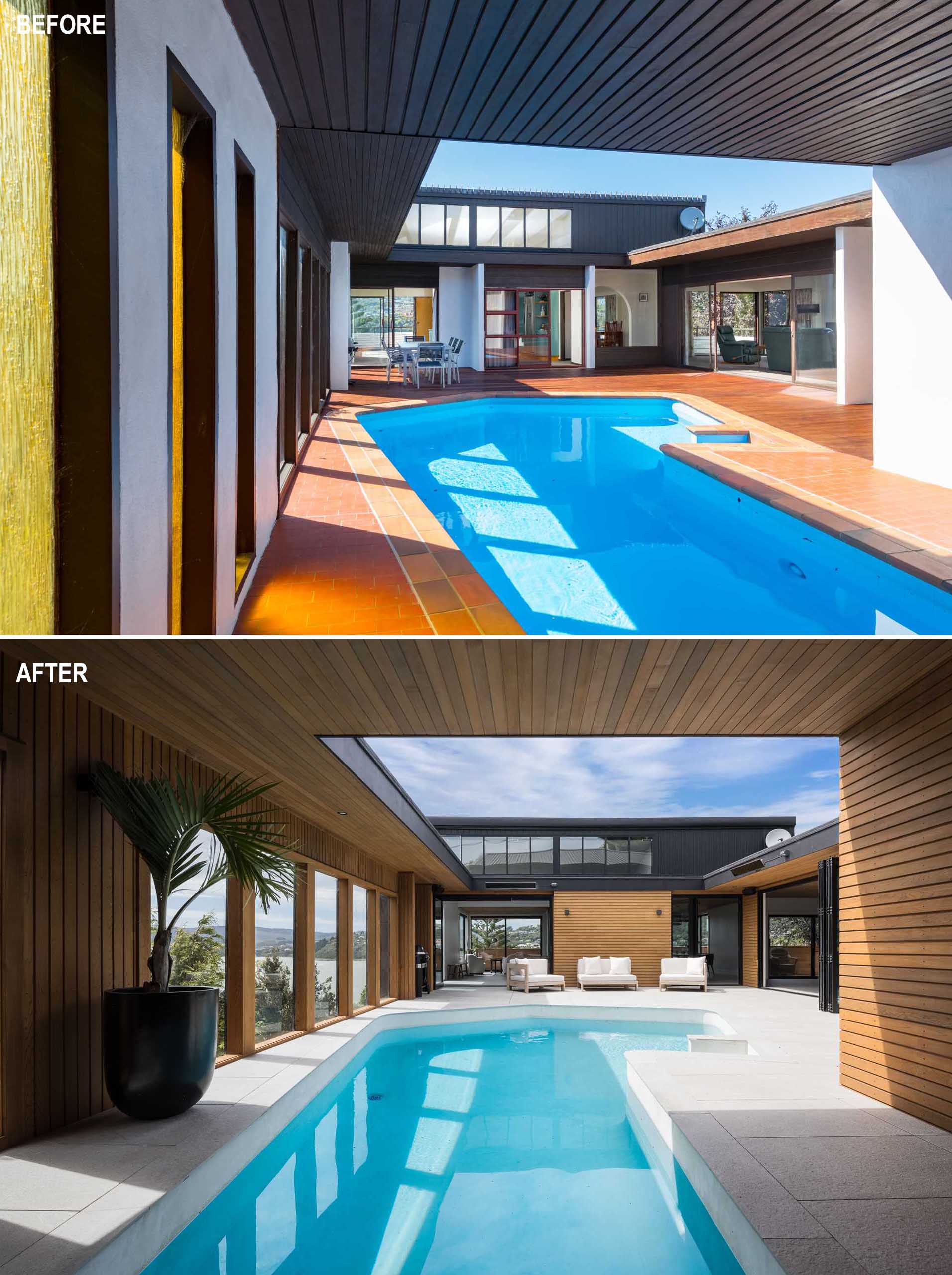 The home is wrapped around a swimming pool, that originally had brick coloured tiles. The updated swimming pool is now surrounded by grey tiles, while the walls have been lined with wood.