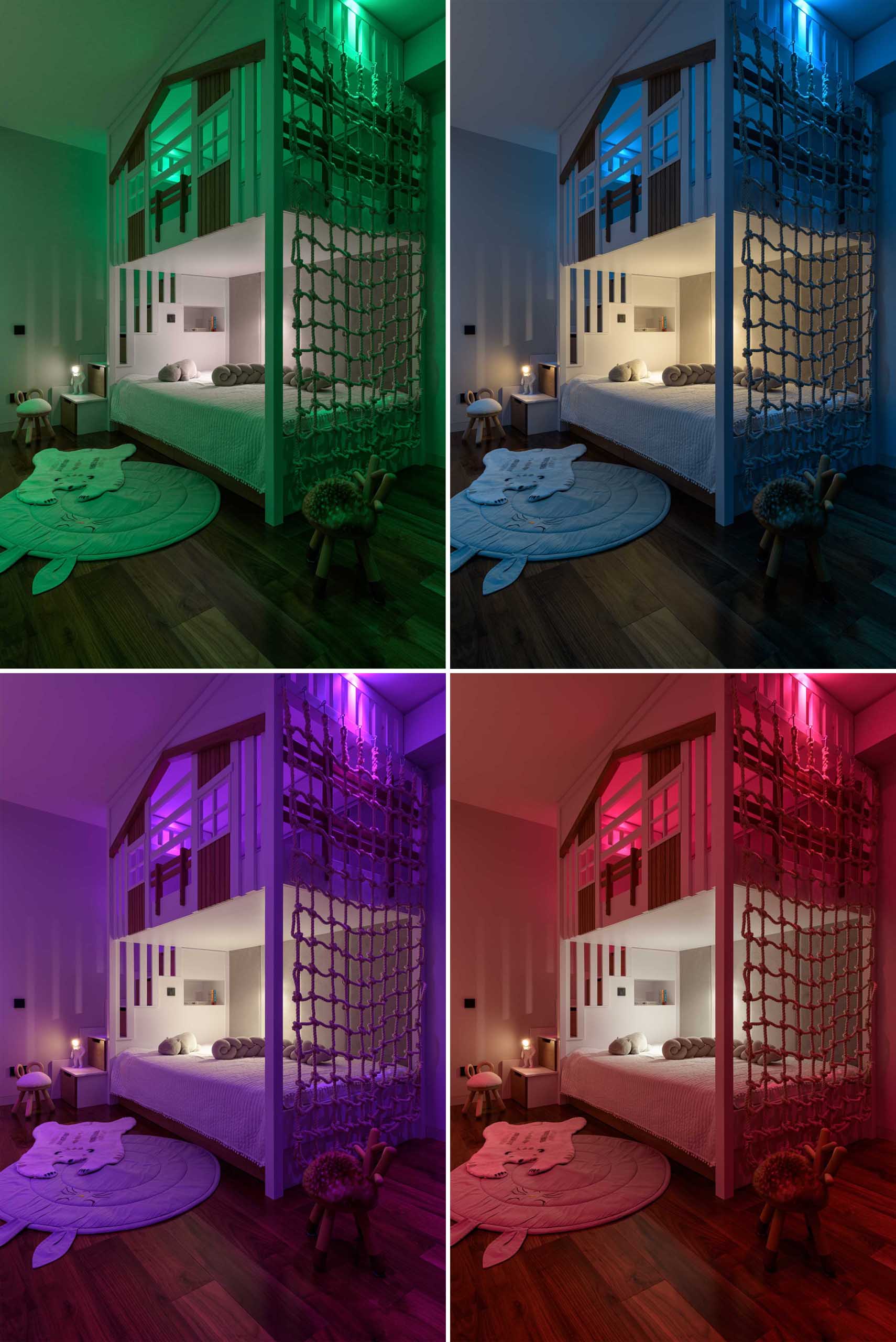 A modern kids bedroom with colour-changing lights that are controlled by remote.