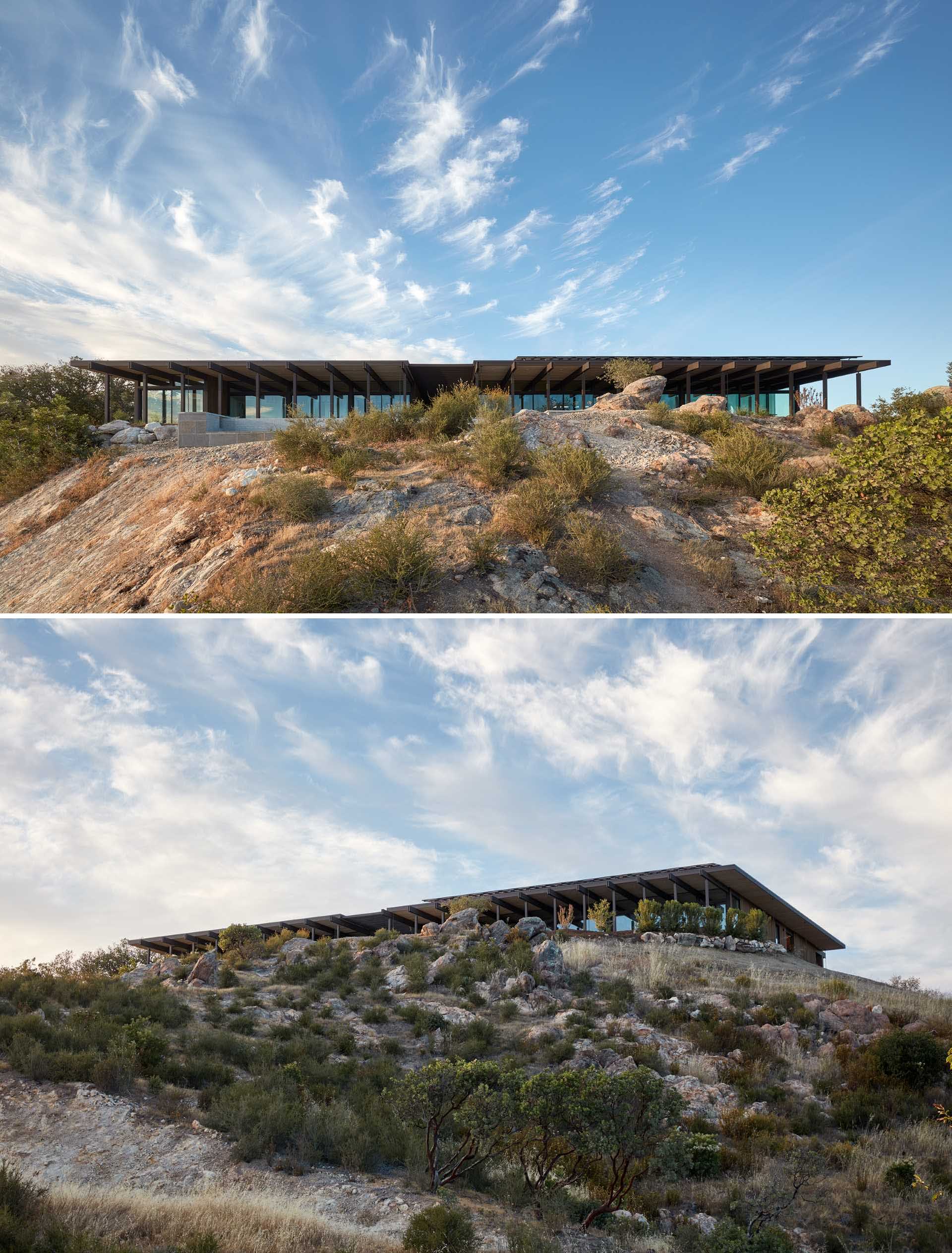 A new home inspired by mid-century modern houses with post and beam architecture.