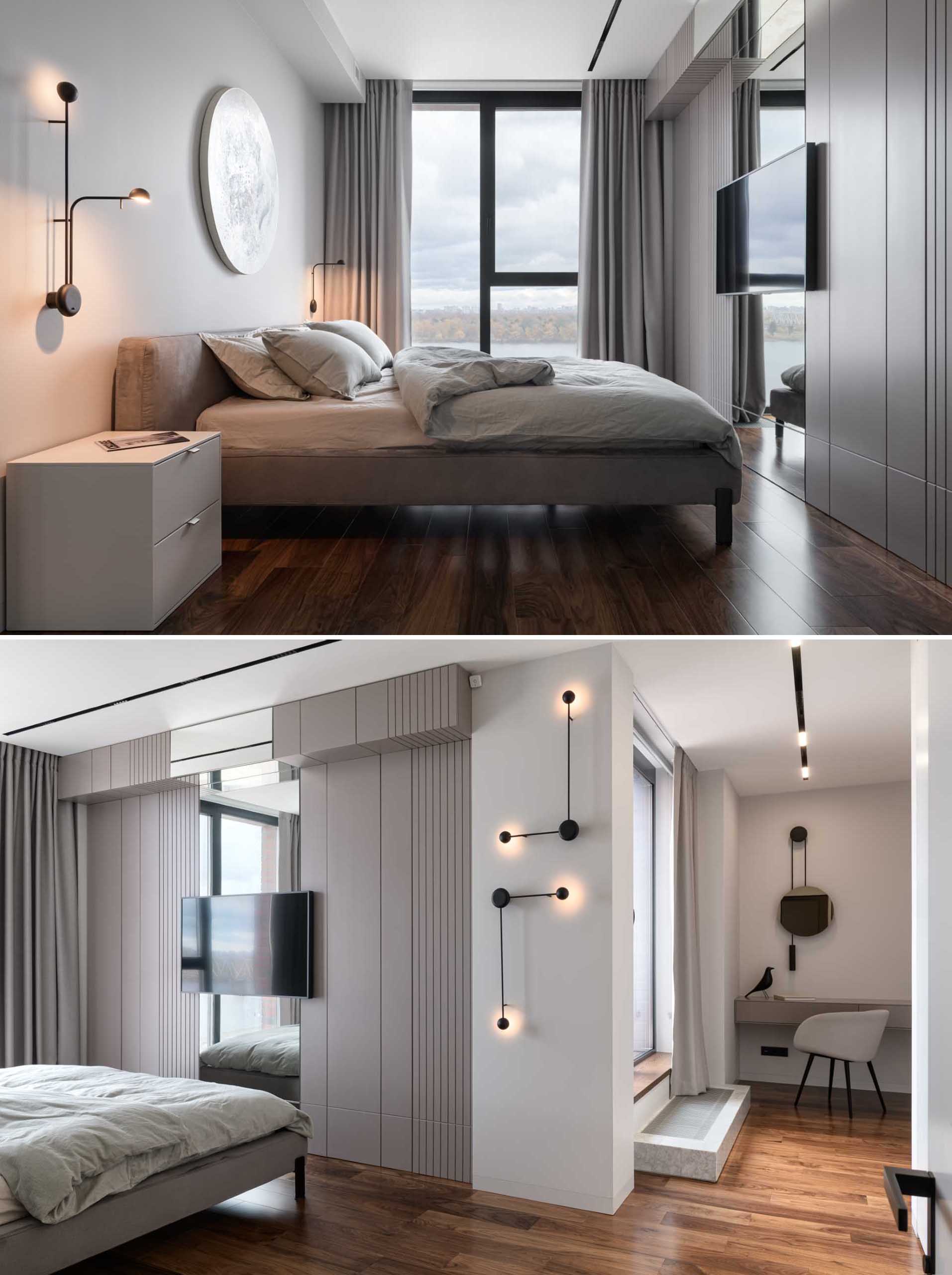 A modern bedroom with wall-mounted lighting.