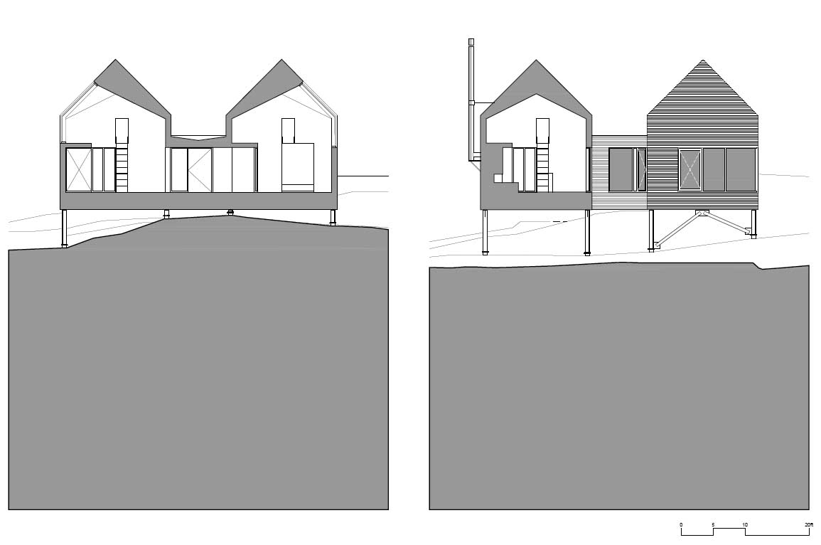 The architectural drawings of a modern house built on stilts.
