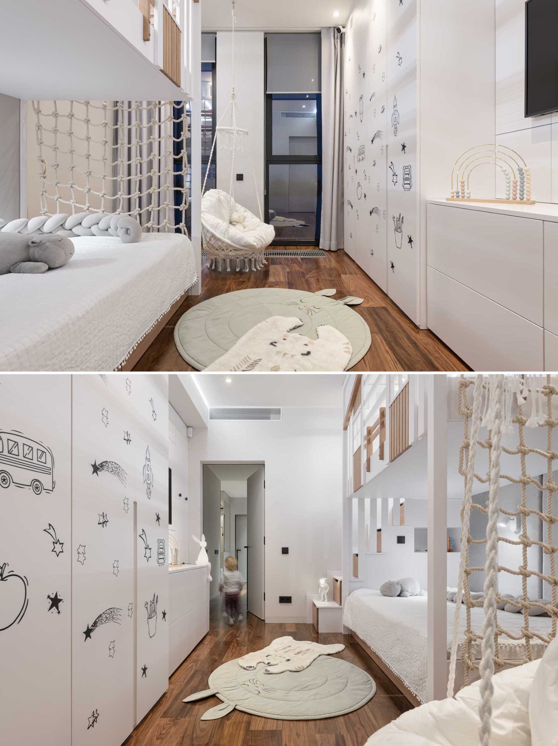 This modern kids bedroom has been designed with a double-story bed, the lower dedicated to the sleeping section, while the upper is a play area.