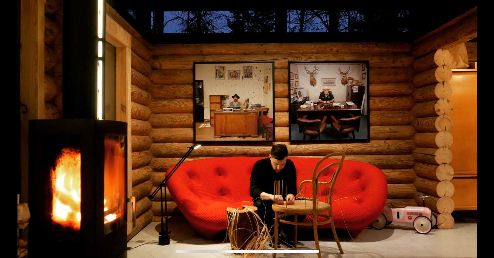 A modern living room in a log home.