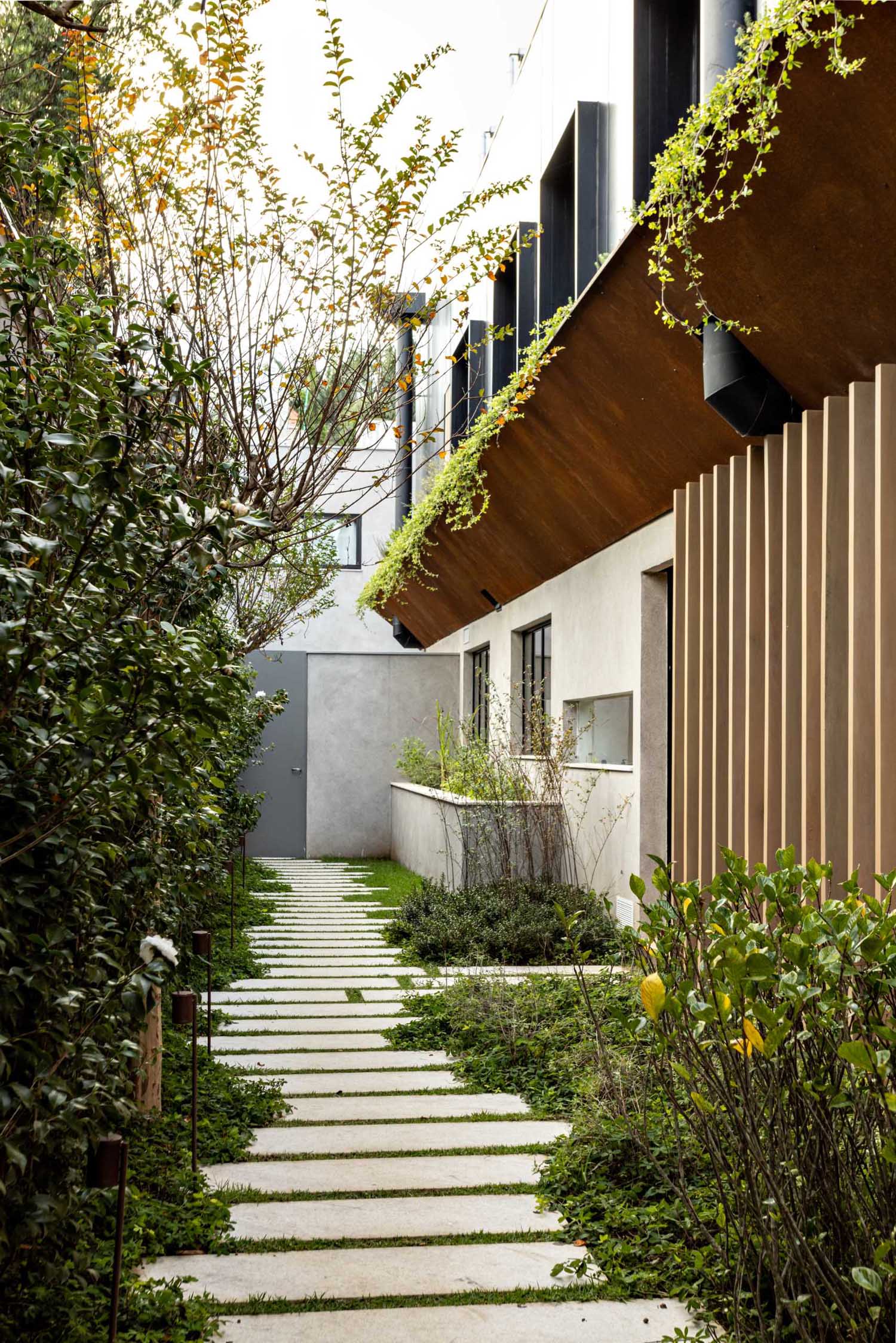 A modern pathway lined with plants.