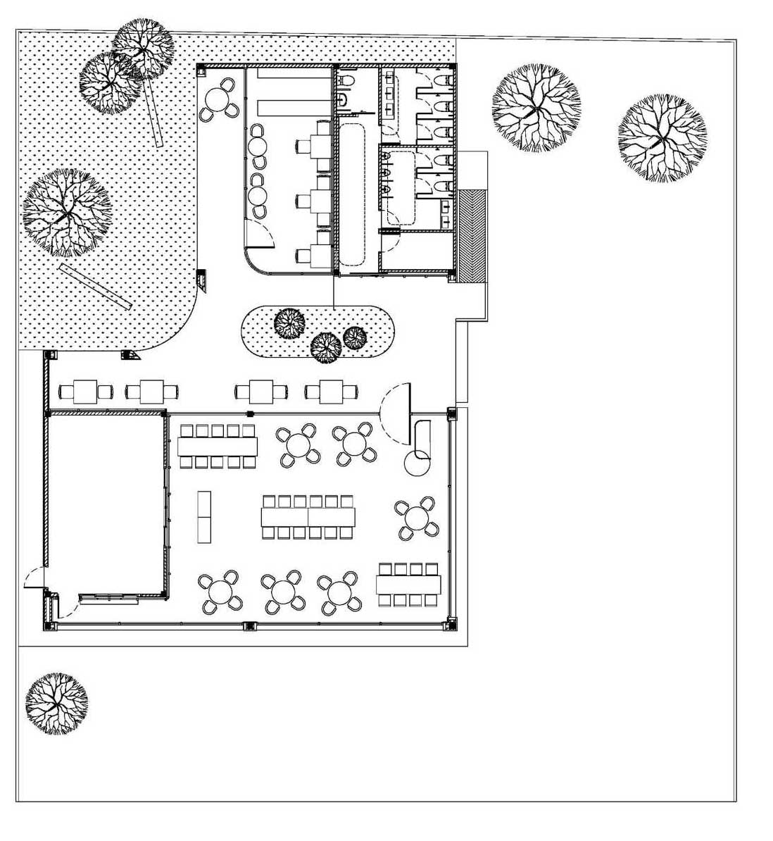The floor plan of a restaurant and cafe.