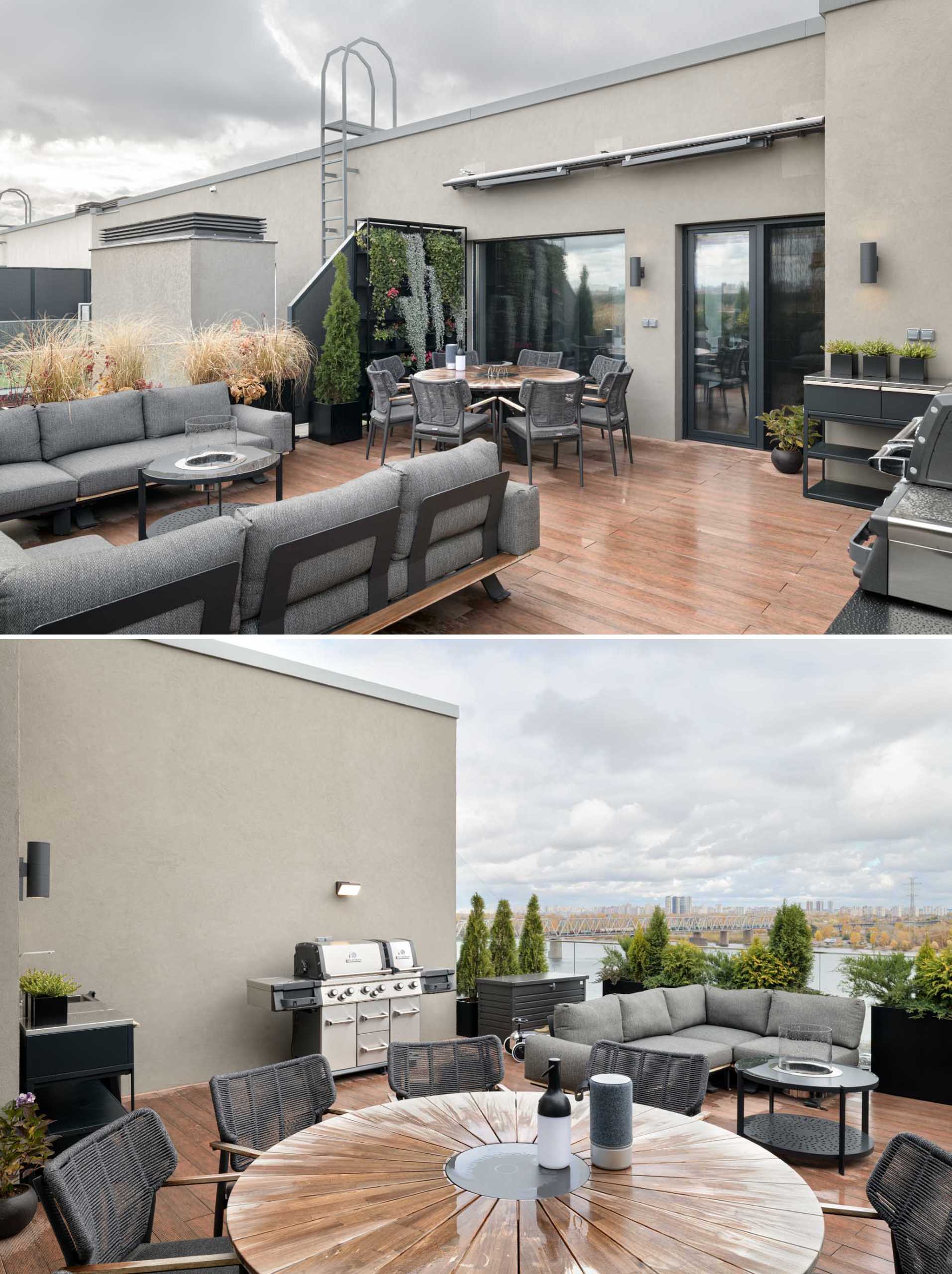 This modern terrace includes an outdoor dining area with a round table, a lounge area with a pair of couches, and a BBQ.