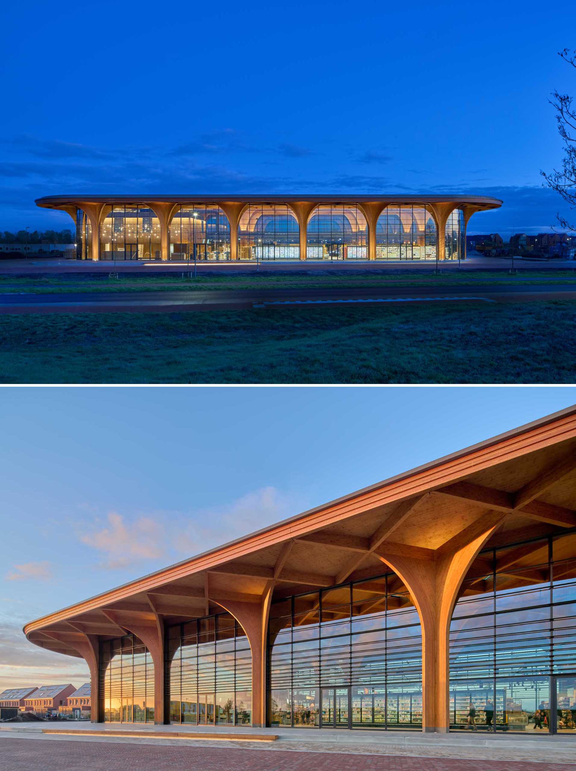 A modern supermarket with an exposed wood structure with a cathedral-like appearance.