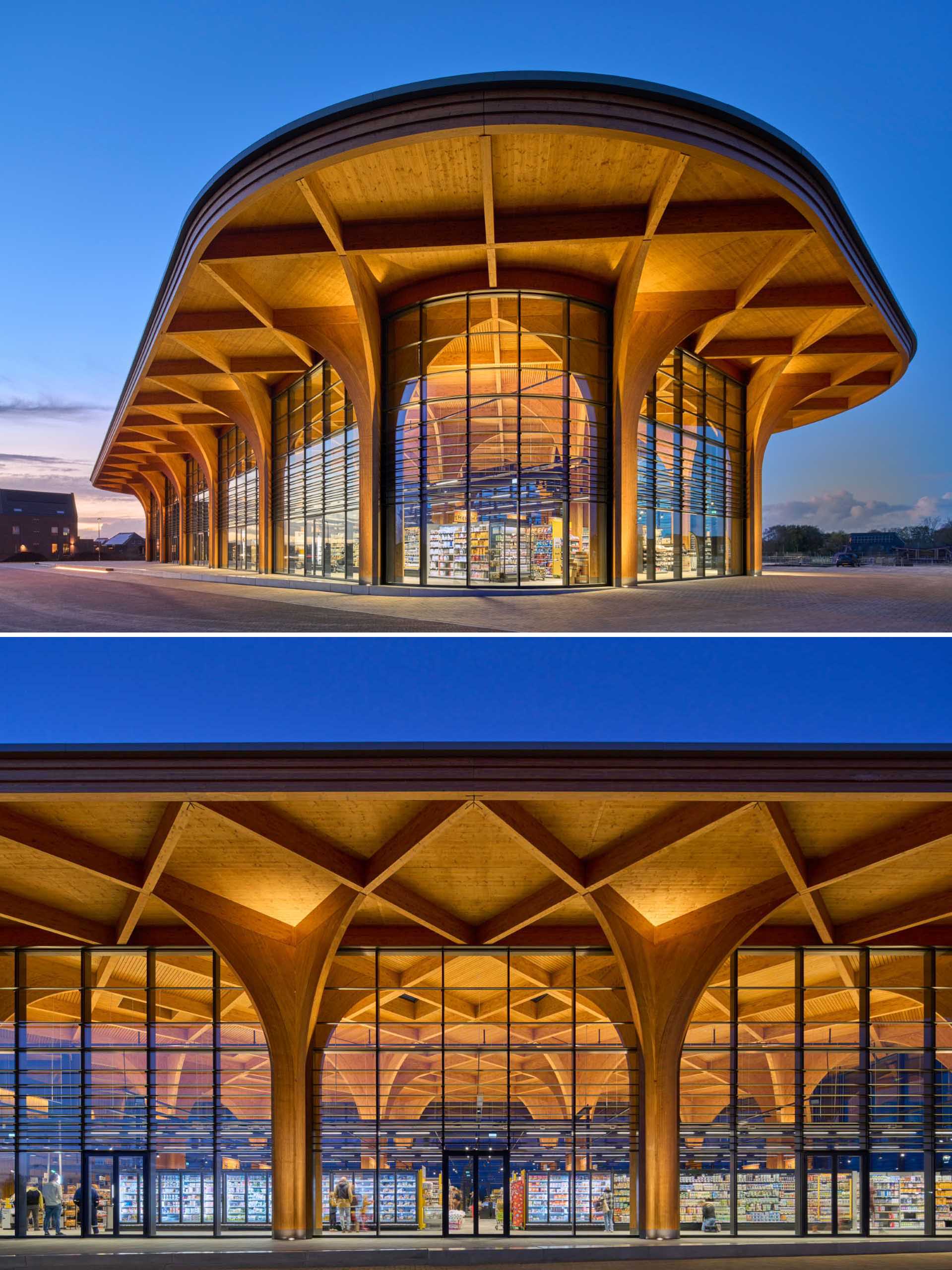 A modern supermarket with an exposed wood structure with a cathedral-like appearance.