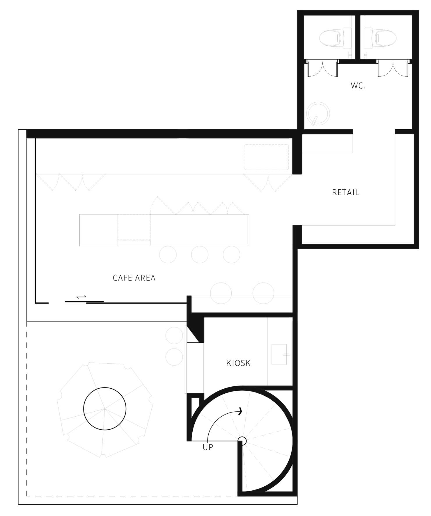 The floor plan of a two-storey cafe.