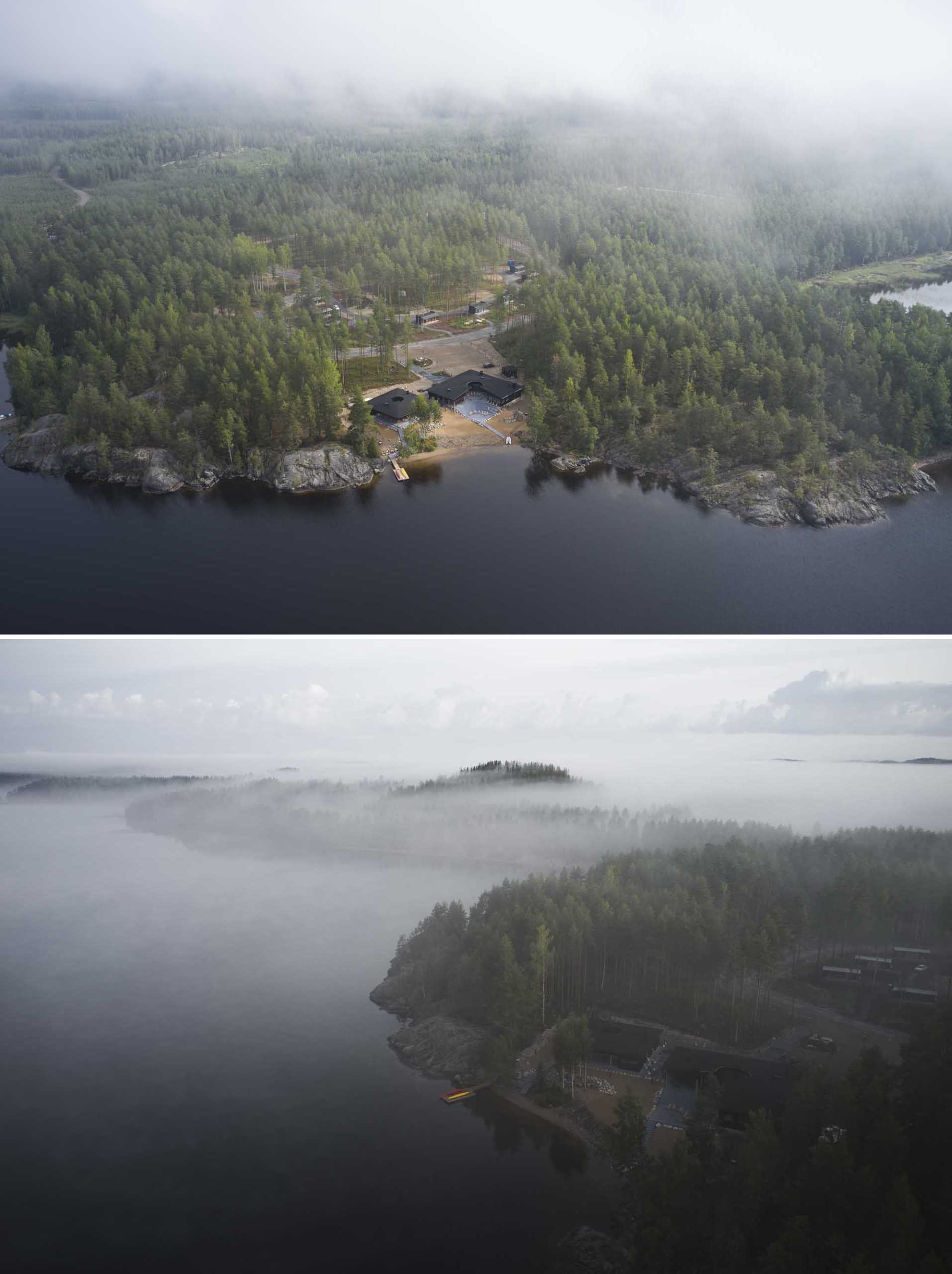 This new lakeside sauna and restaurant boast a strong design aesthetic based on a central, curved outdoor space with the restaurant and sauna spaces spiraling around it.