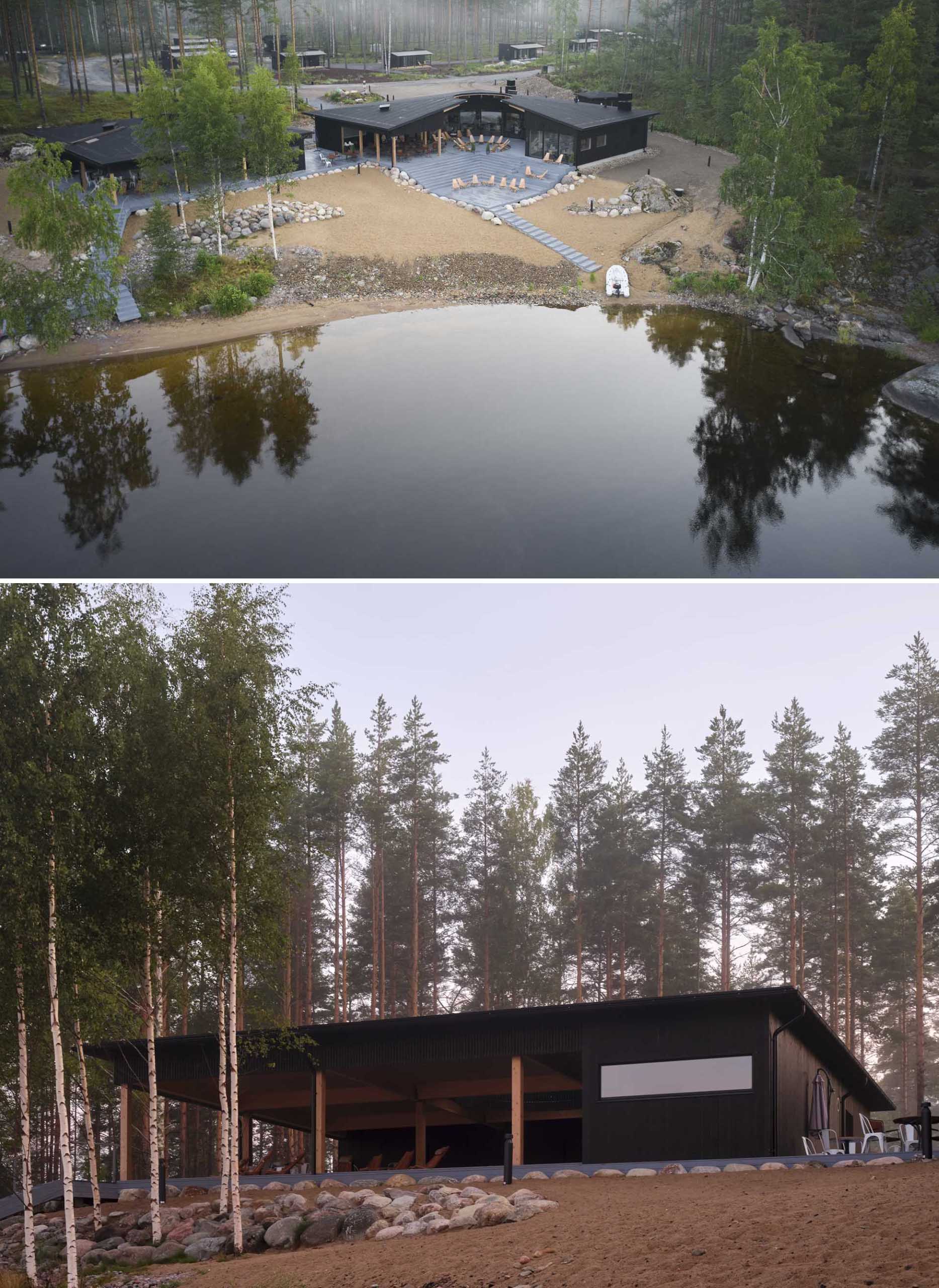 A new restaurant and sauna are situated amongst existing trees where they blend into the delicate scenery with their dark exteriors.