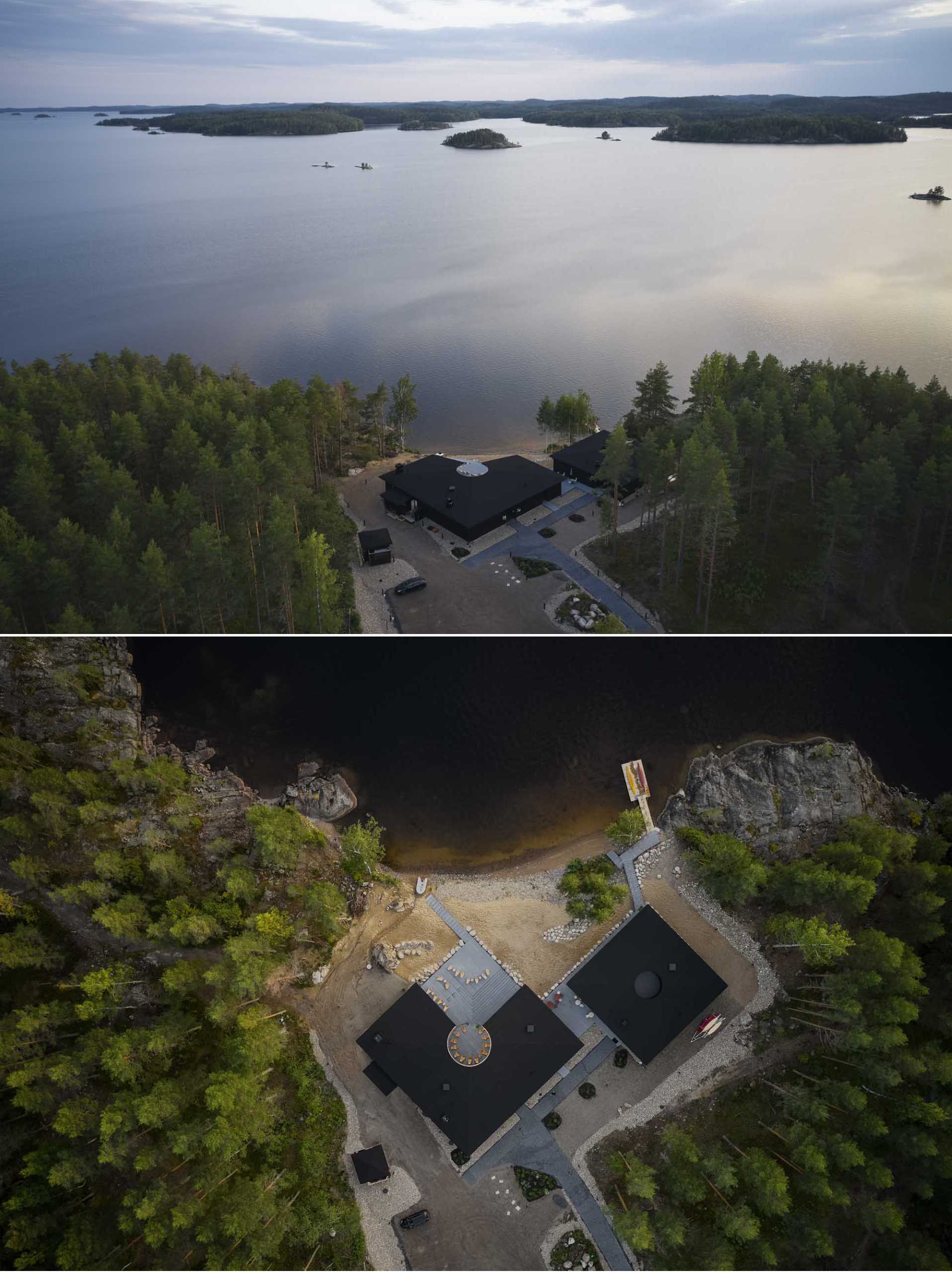 This new lakeside sauna and restaurant boast a strong design aesthetic based on a central, curved outdoor space with the restaurant and sauna spaces spiraling around it.