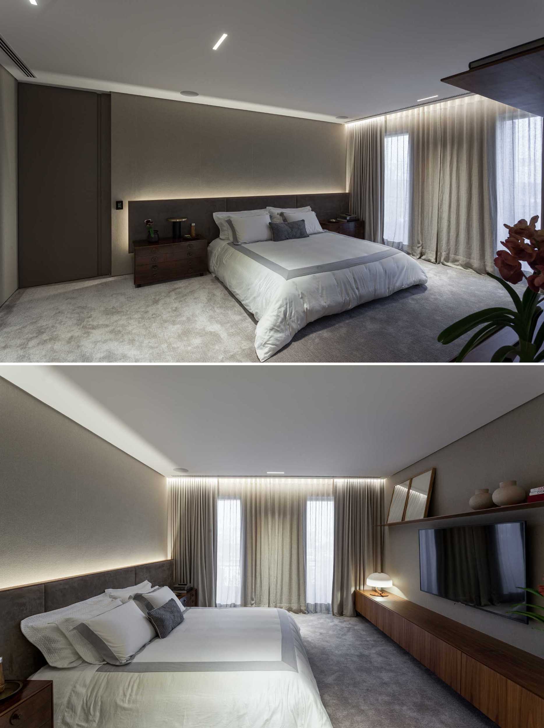 در این اتاق خواب اصلی، سر تخت دارای نور مخفی است که در بالای پرده ها نیز دیده می شود.  روبروی تخت، یک کنسول چوبی بلند وجود دارد که فضای ذخیره‌سازی زیر تلویزیون را اضافه می‌کند.
