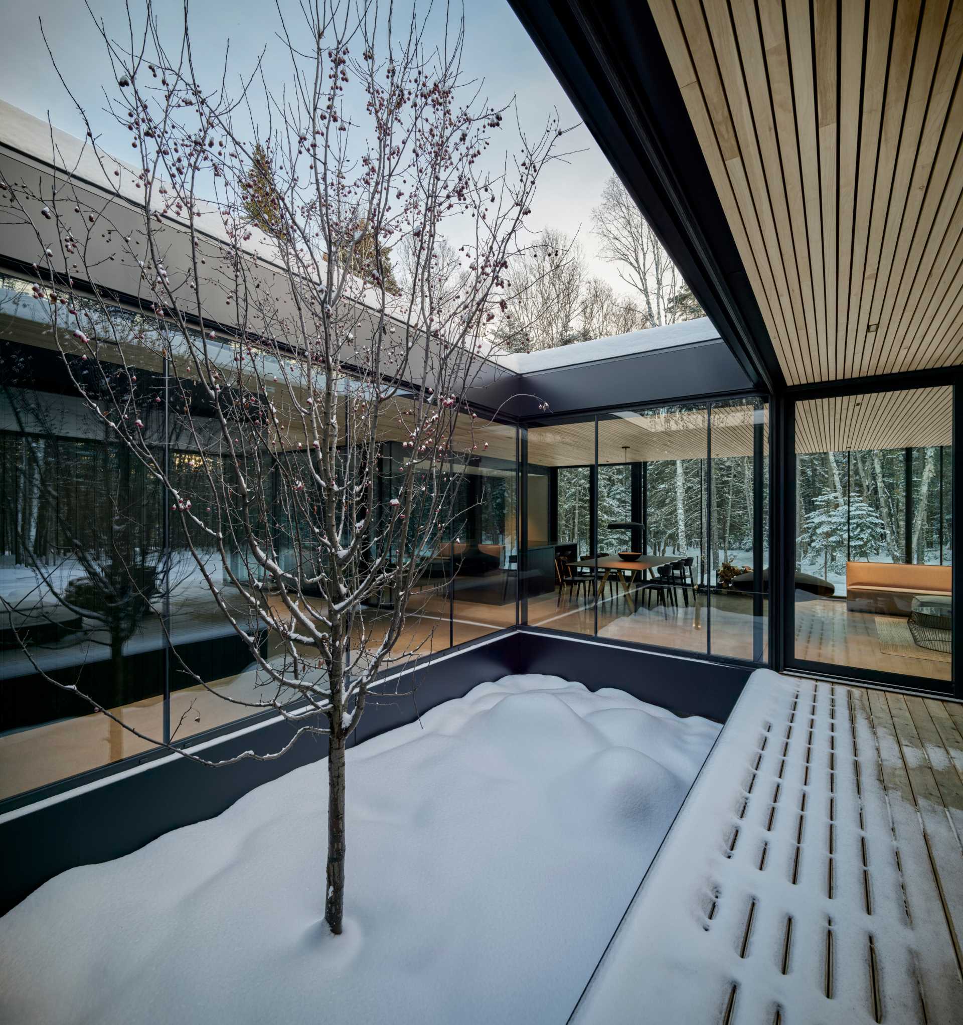 A modern house with floor-to-ceiling windows.