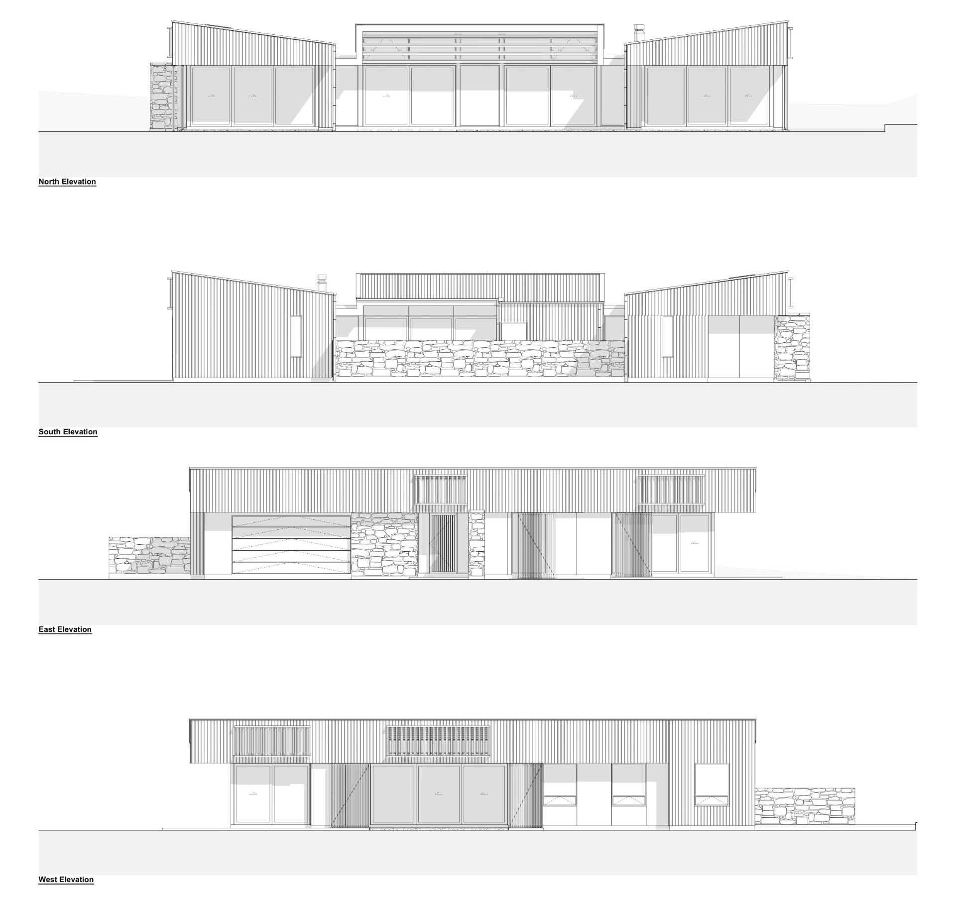 The elevations of a modern house design.