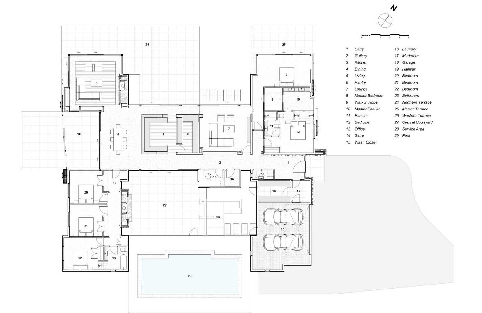 The floor plan of a modern house with two outdoor patios and a swimming pool.