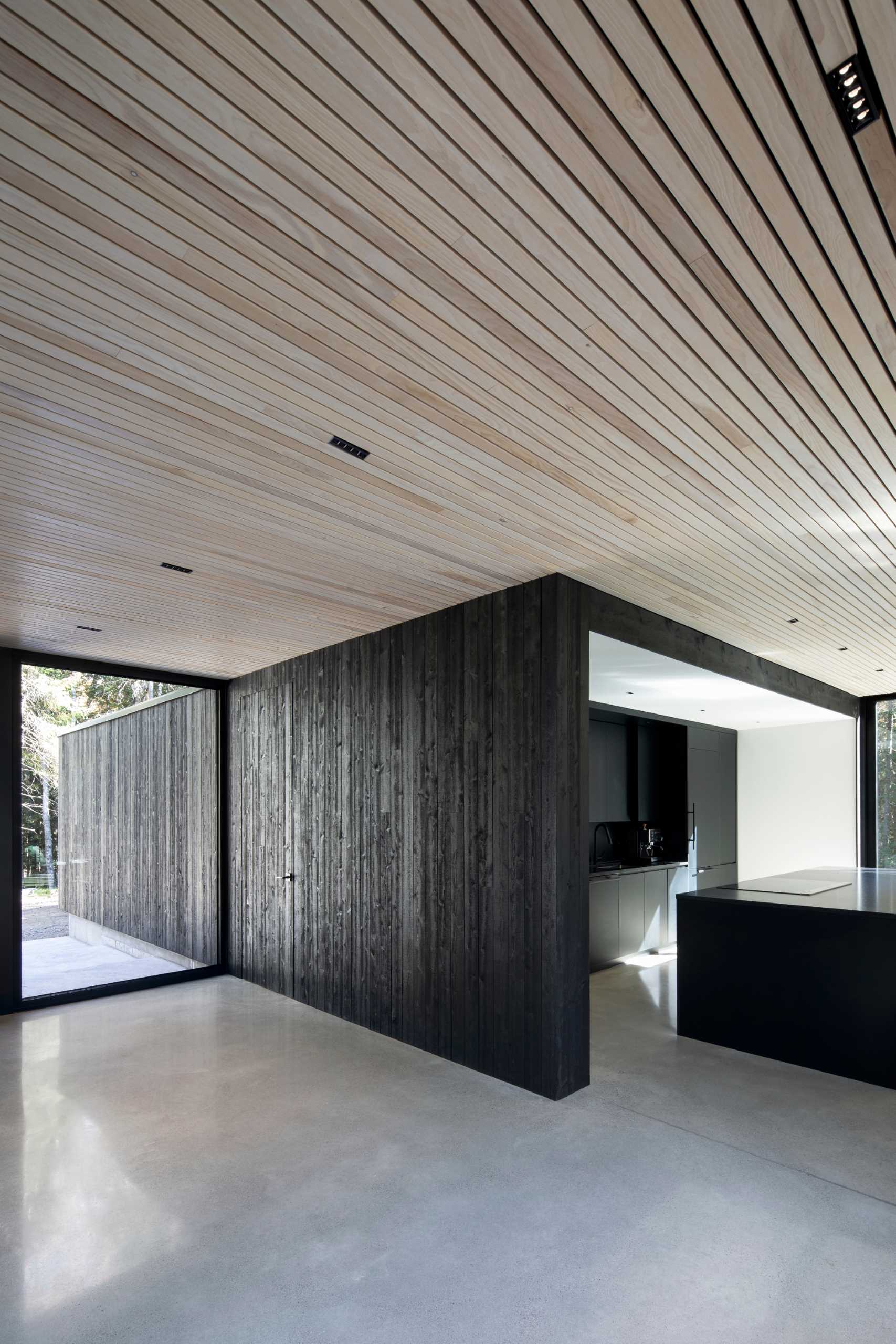 The entryway of this modern home provides glimpses of the interior, while concrete floors have been paired with a wood ceiling for a modern appearance.