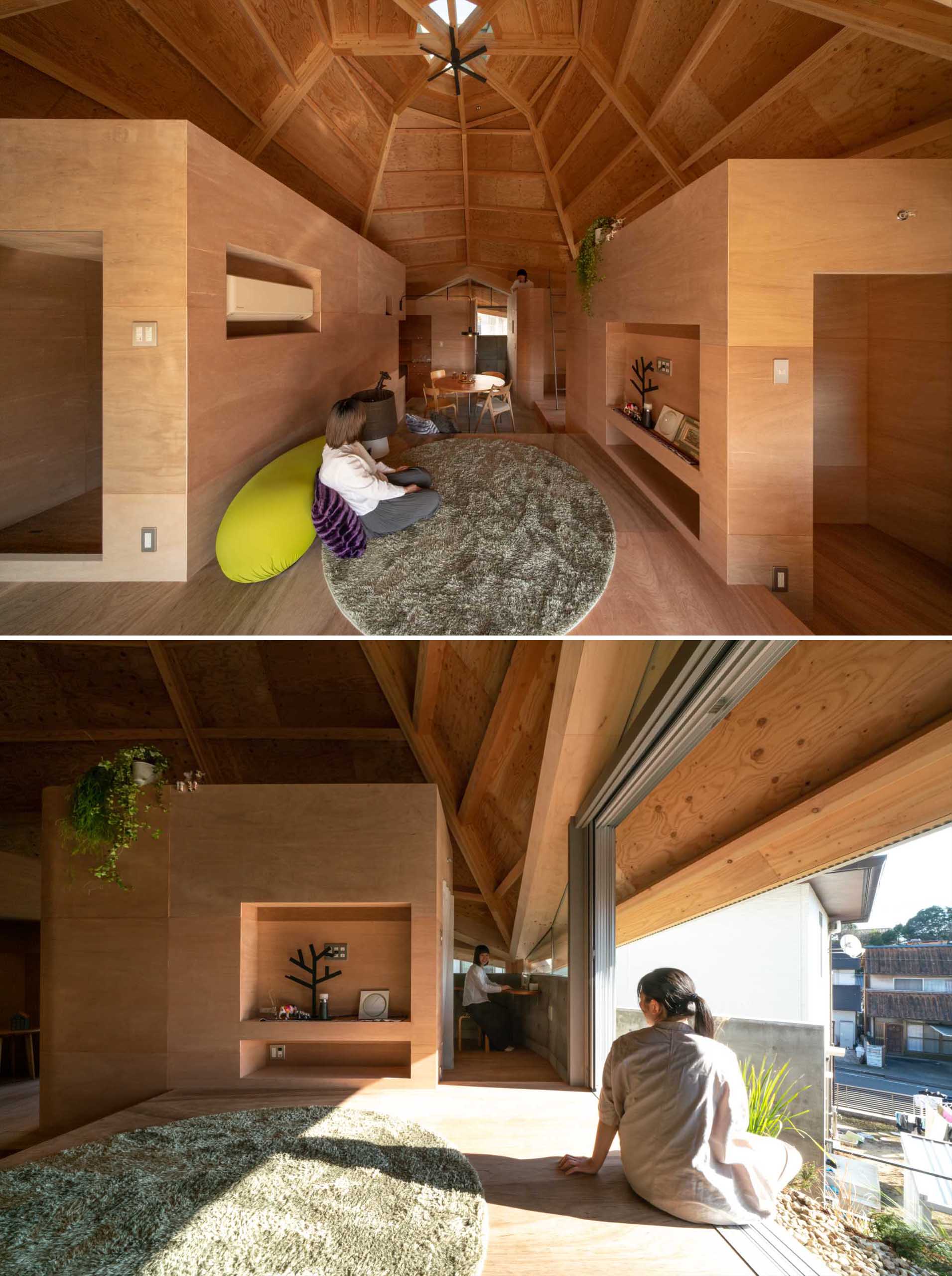 A raised seating area between individual boxes in this spiderweb-inspired home.
