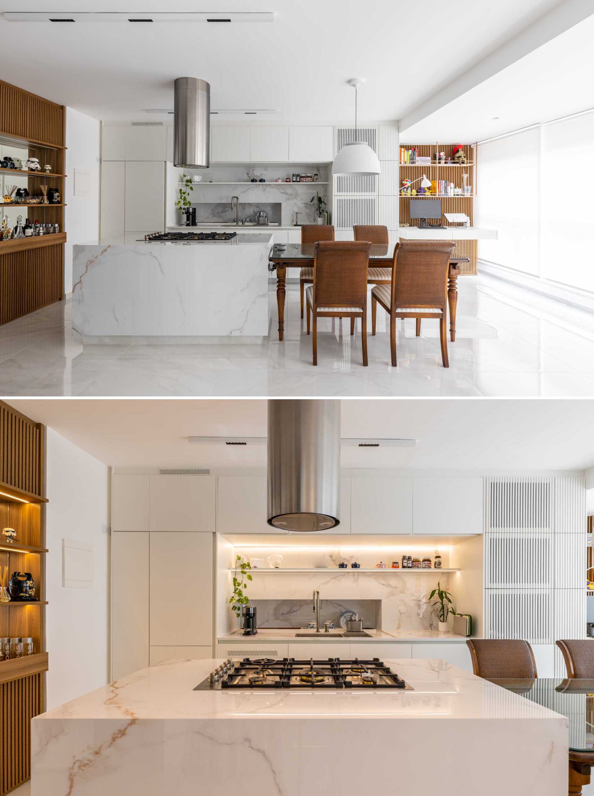 A modern kitchen includes wood details, and a large island with an adjacent dining table.