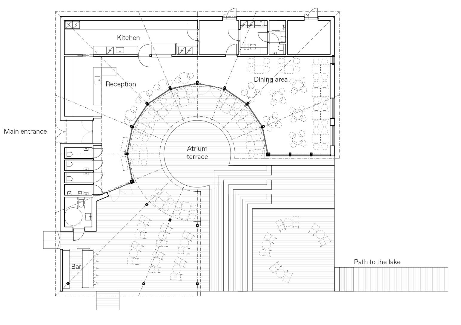 The floor plan of a modern restaurant.