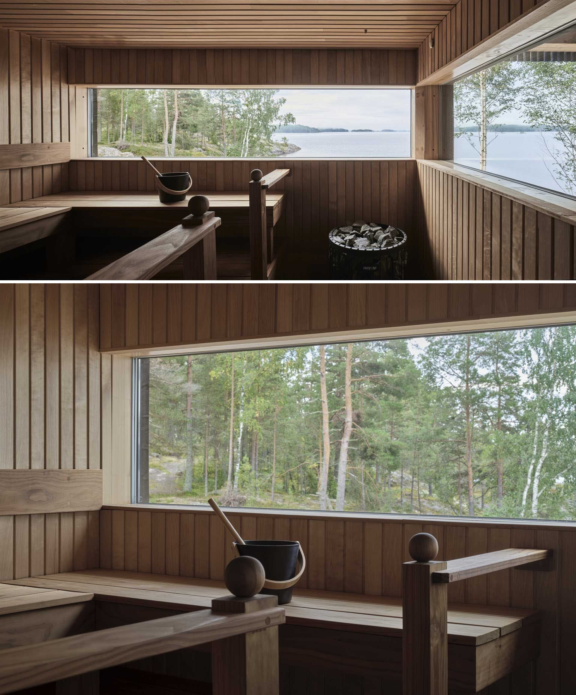 Inside this modern sauna, horizontal windows perfectly frame the views.