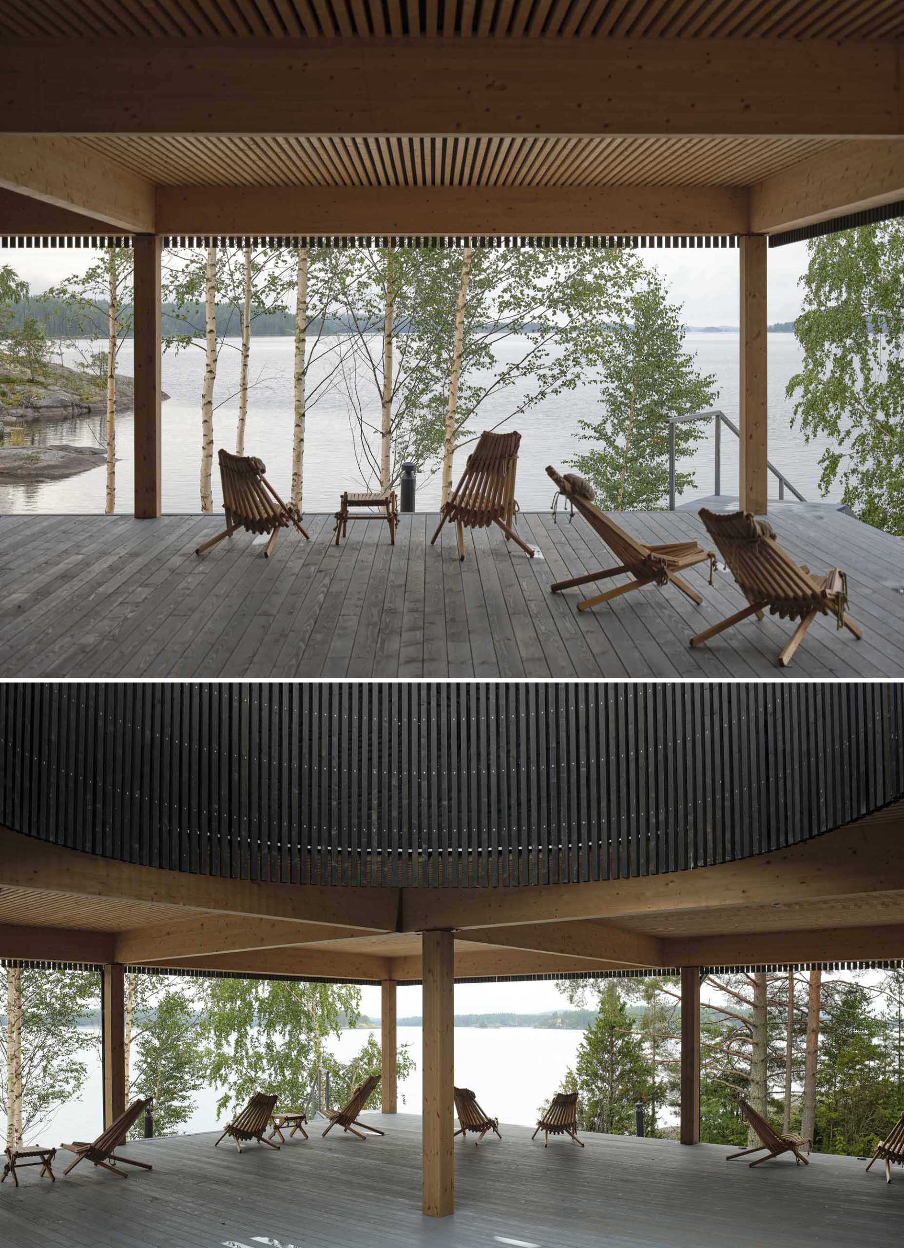 The covered sauna exteriors feature a unique, round opening in the roof, creating a thematic link between the buildings.
