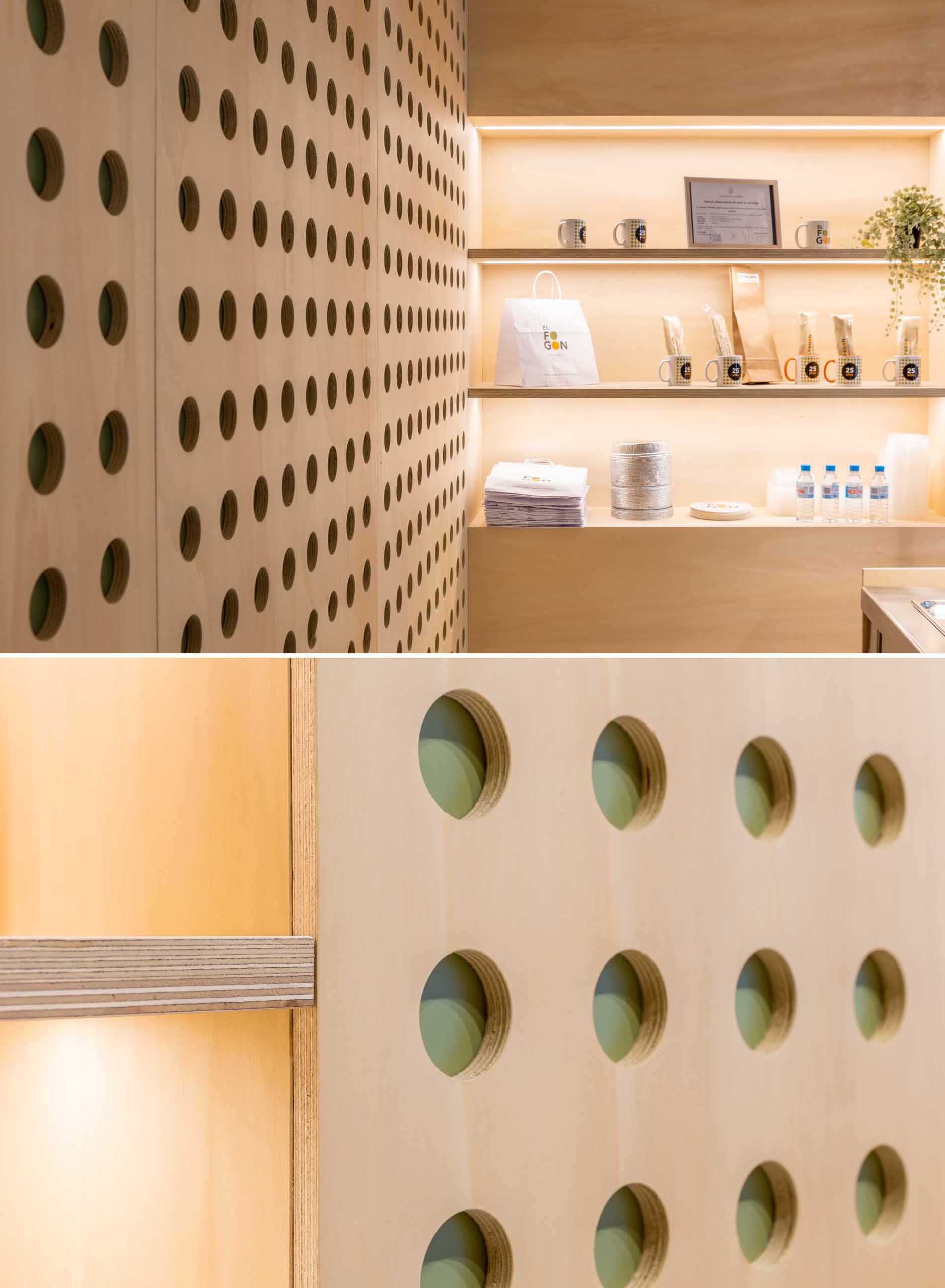 A modern takeaway shop with perforated wood panels and hidden lighting.