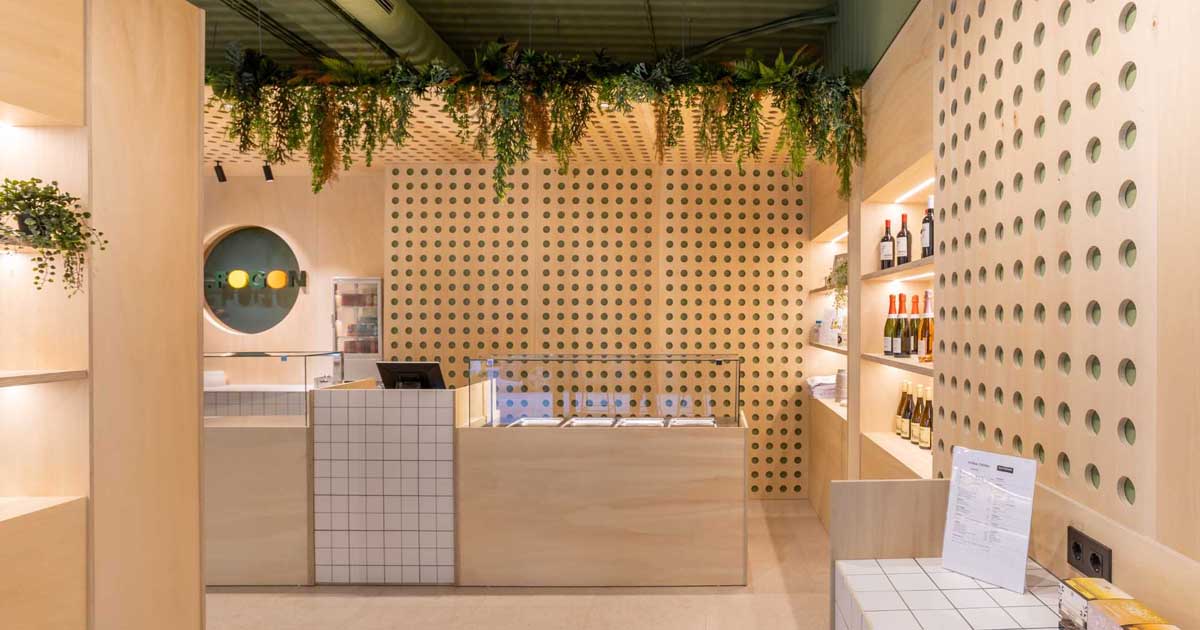 Wood, Plants, And Geometric Patterns Create The Design Character Of This Takeaway Shop