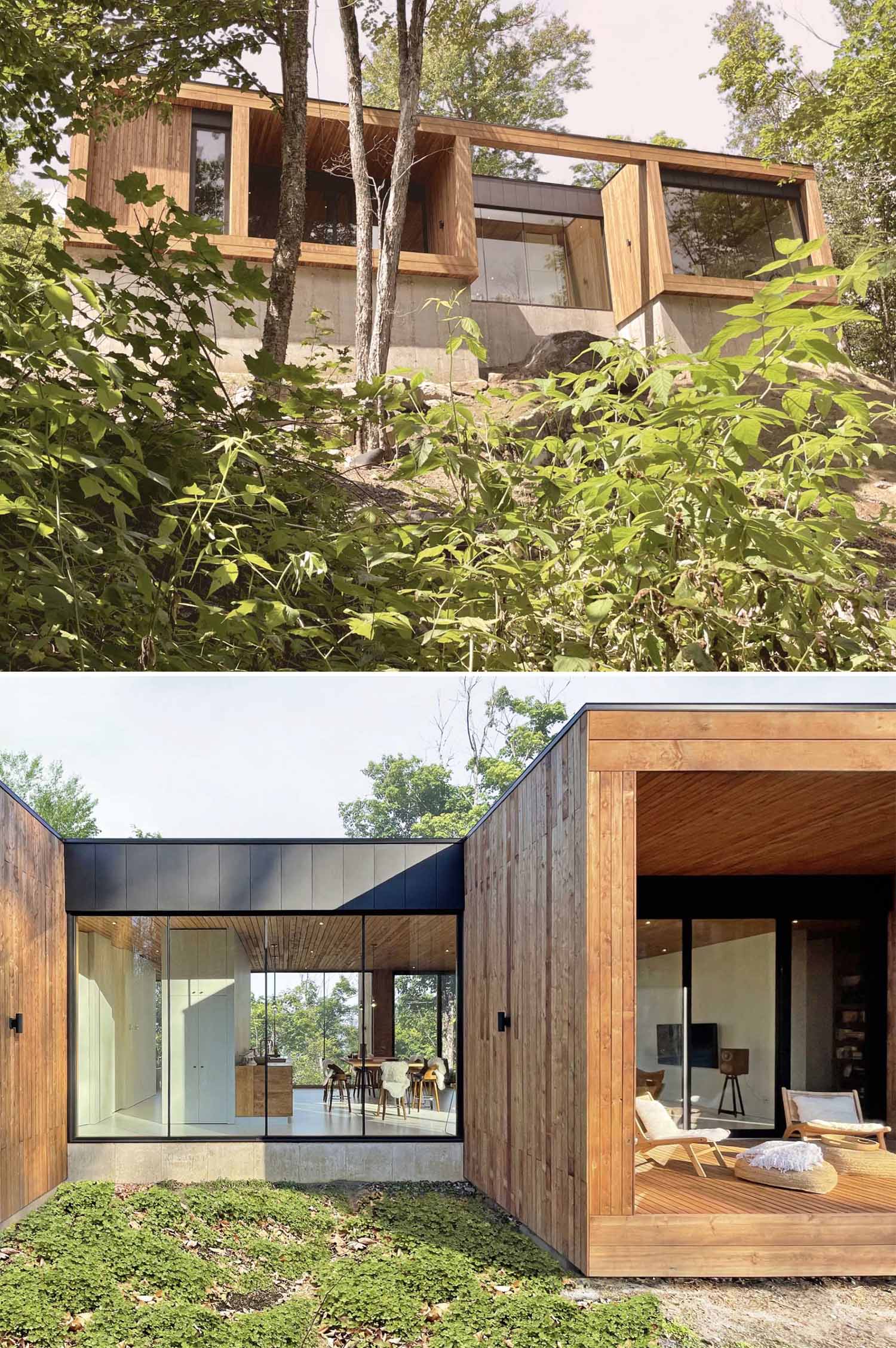 This modern house, comprised of several glass frames surrounded by wood, is perched on the side of the mountain and faces the treetops.