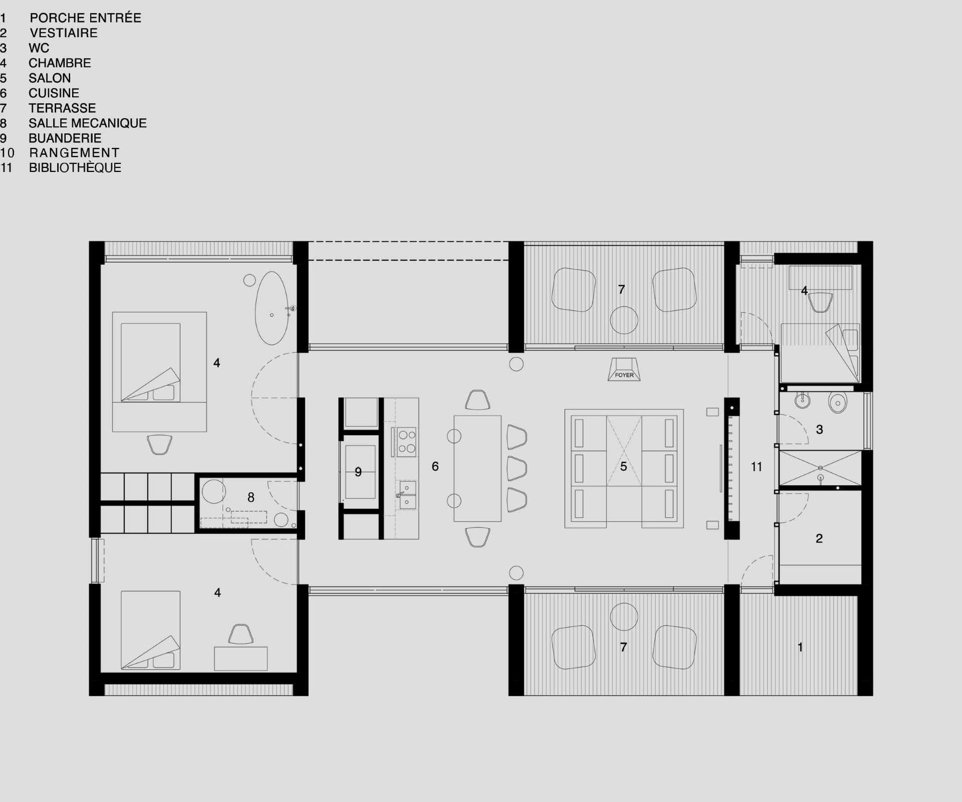The floor plan of a modern wood house.