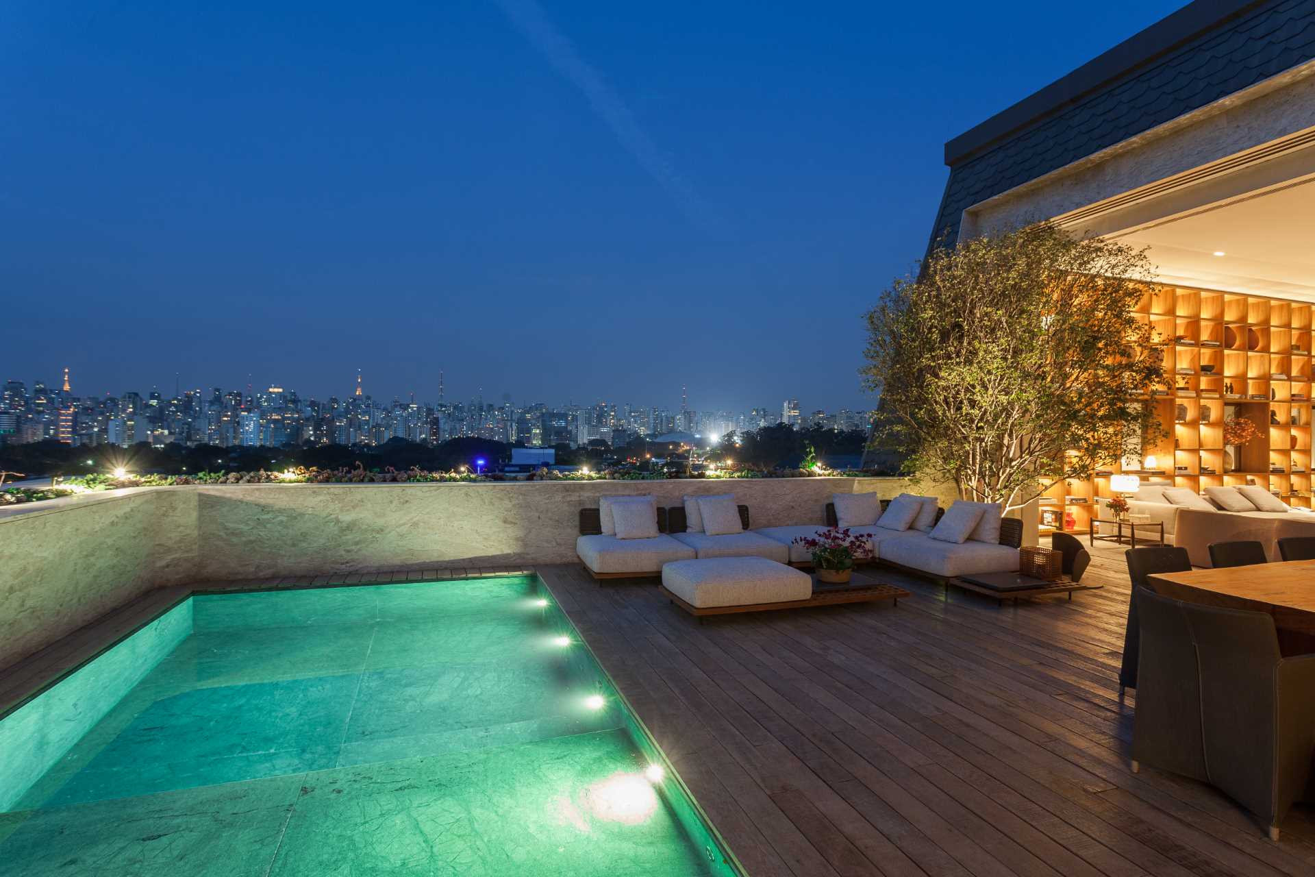 A rooftop deck with a lounge and outdoor dining area, as well as a small pool for hot days. The outdoor space has an unobstructed view of the city lights.