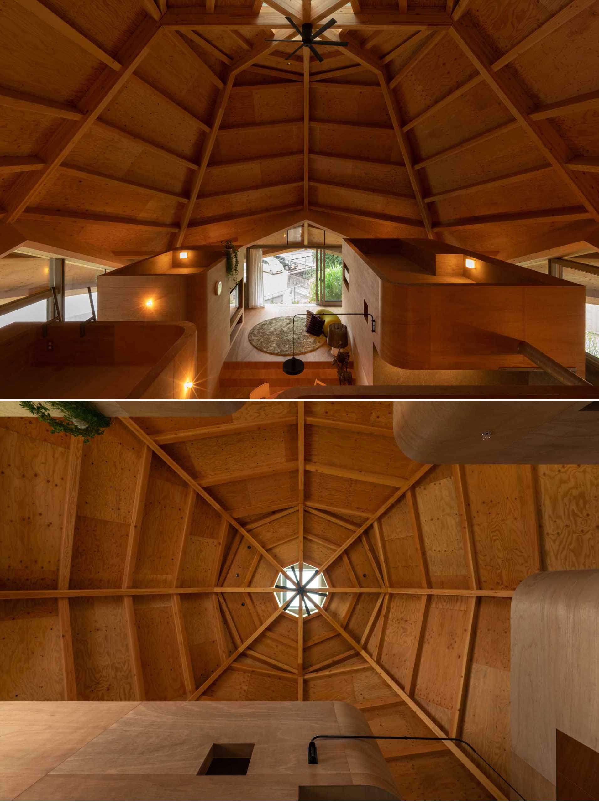 Inside this modern spiderweb-inspired home, you can see the supporting legs that help to create a centripetal single-room space.