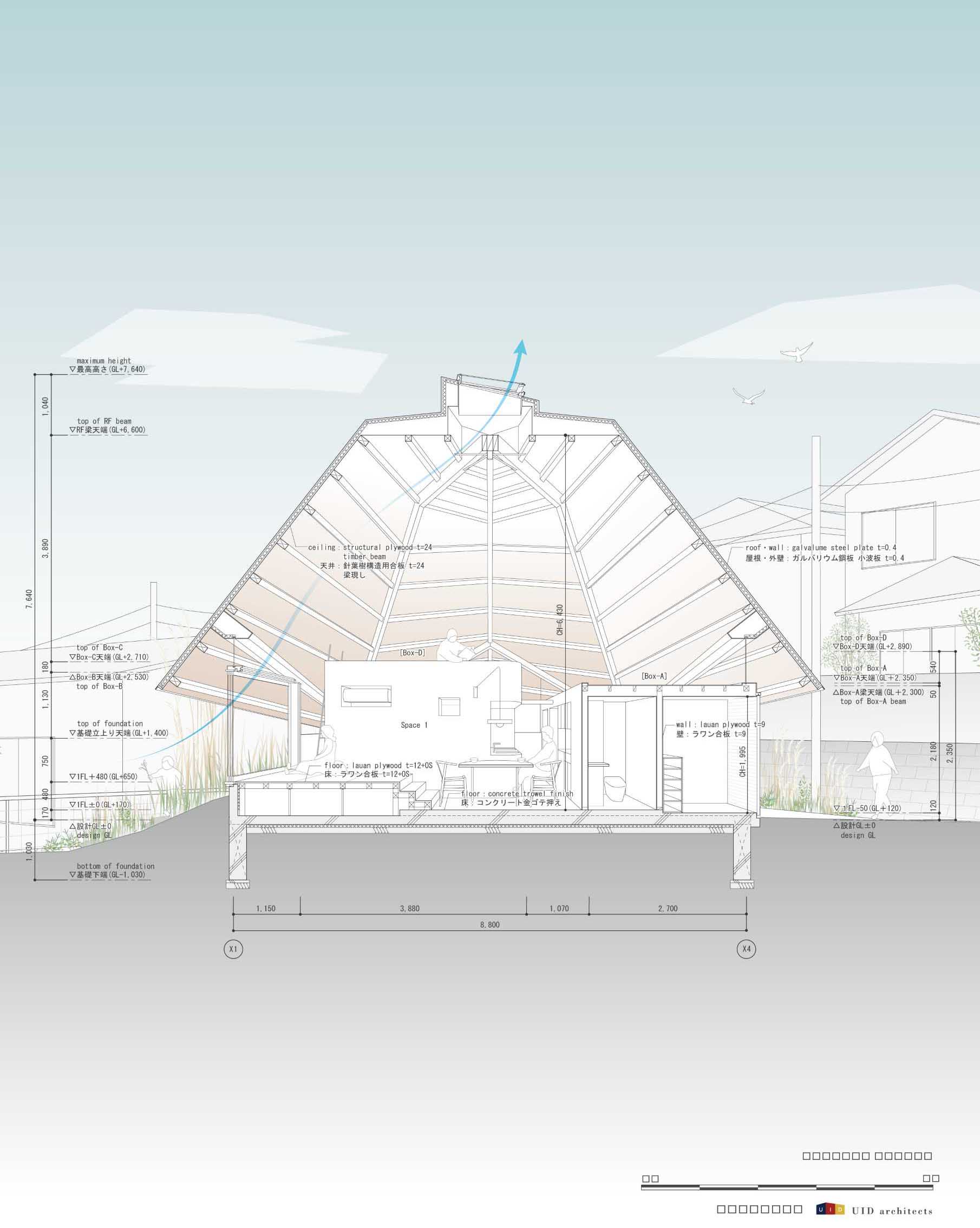 The layout of a modern house with an octagonal design that was inspired by a spiderweb.