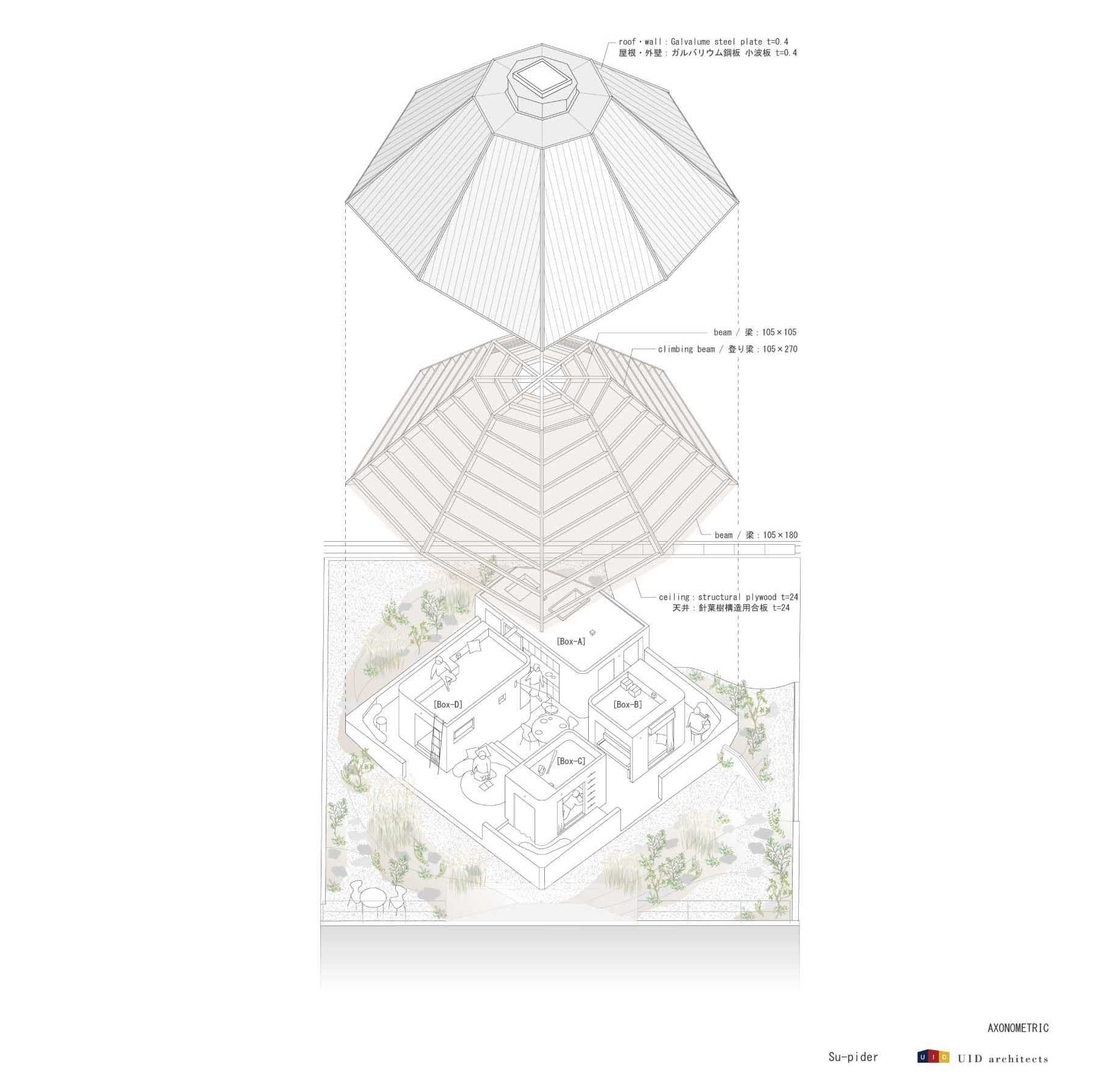 The floor plan of a modern house with an octagonal design that was inspired by a spiderweb.