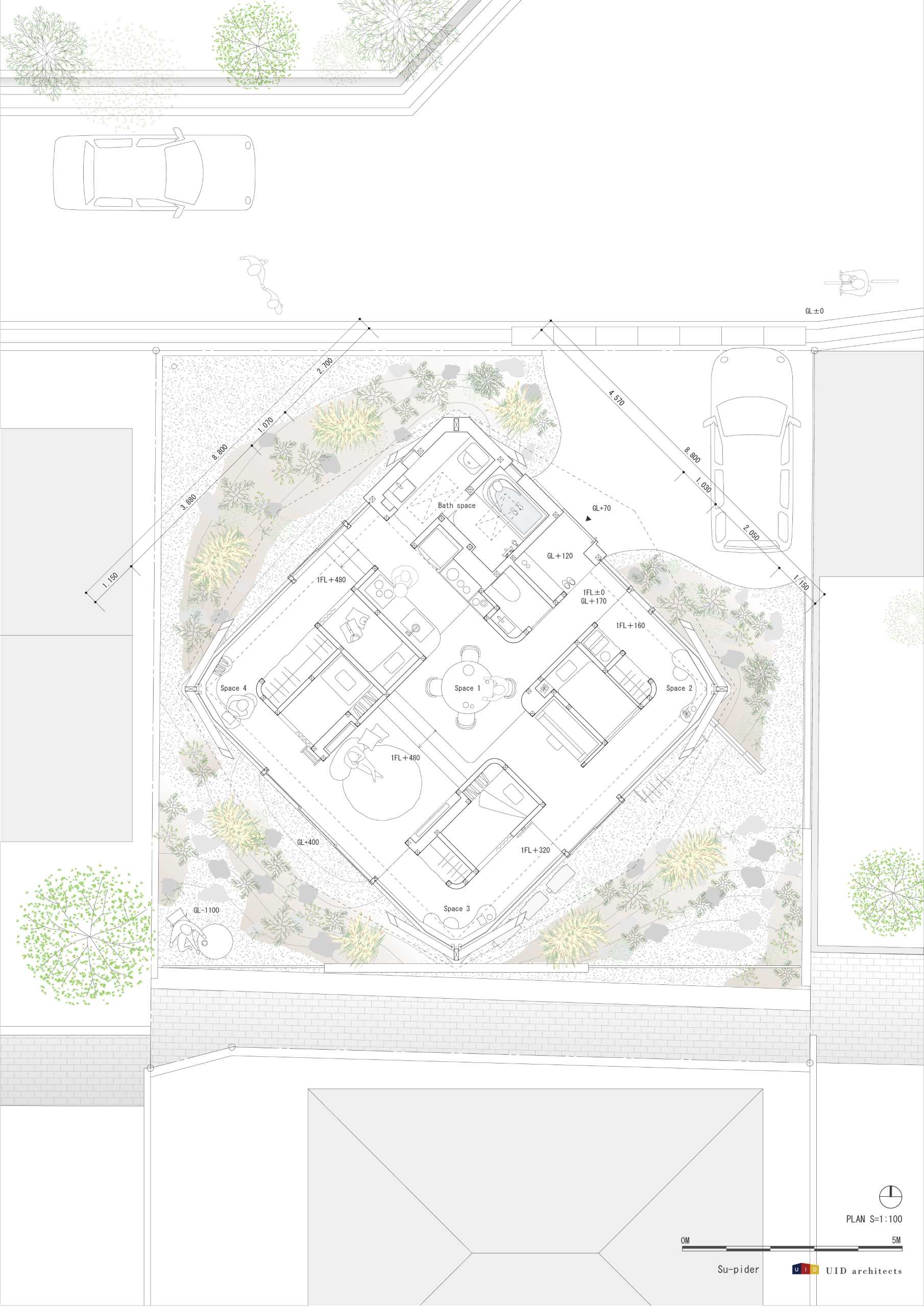 The floor plan of a modern house with an octagonal design that was inspired by a spiderweb.