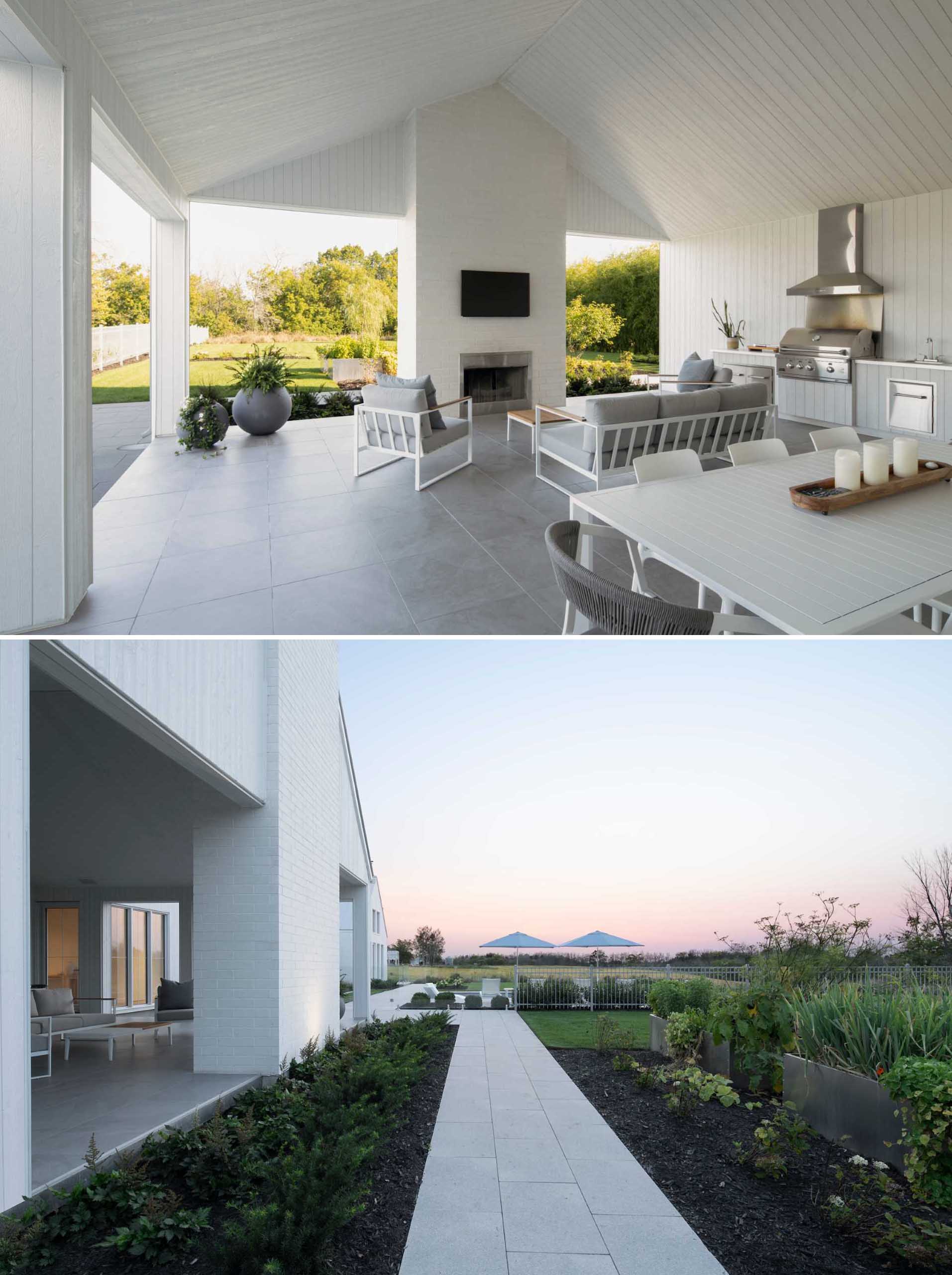 A covered outdoor area that includes a dining space, living room, and bbq area. A path connects this space to the swimming pool and rear yard.