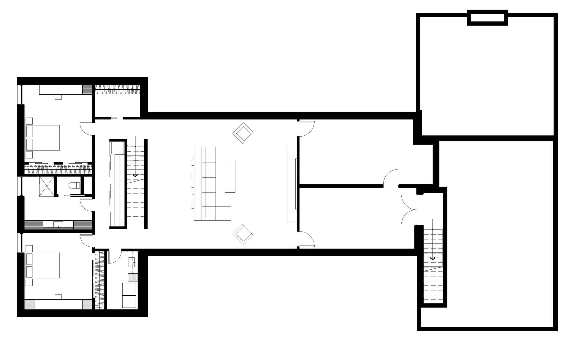 The basement floor plan of a contemporary home.