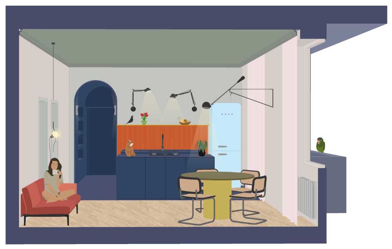 The illustrations of an apartment living room and kitchen design.
