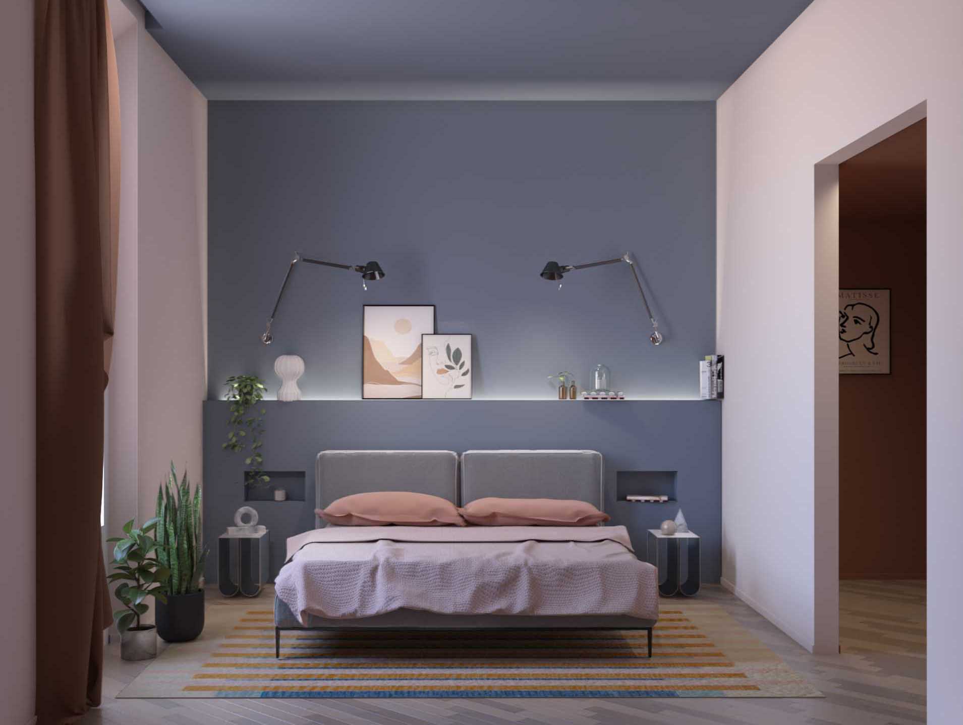The rendering of a modern bedroom with a built-out wall that includes two bedside tables.
