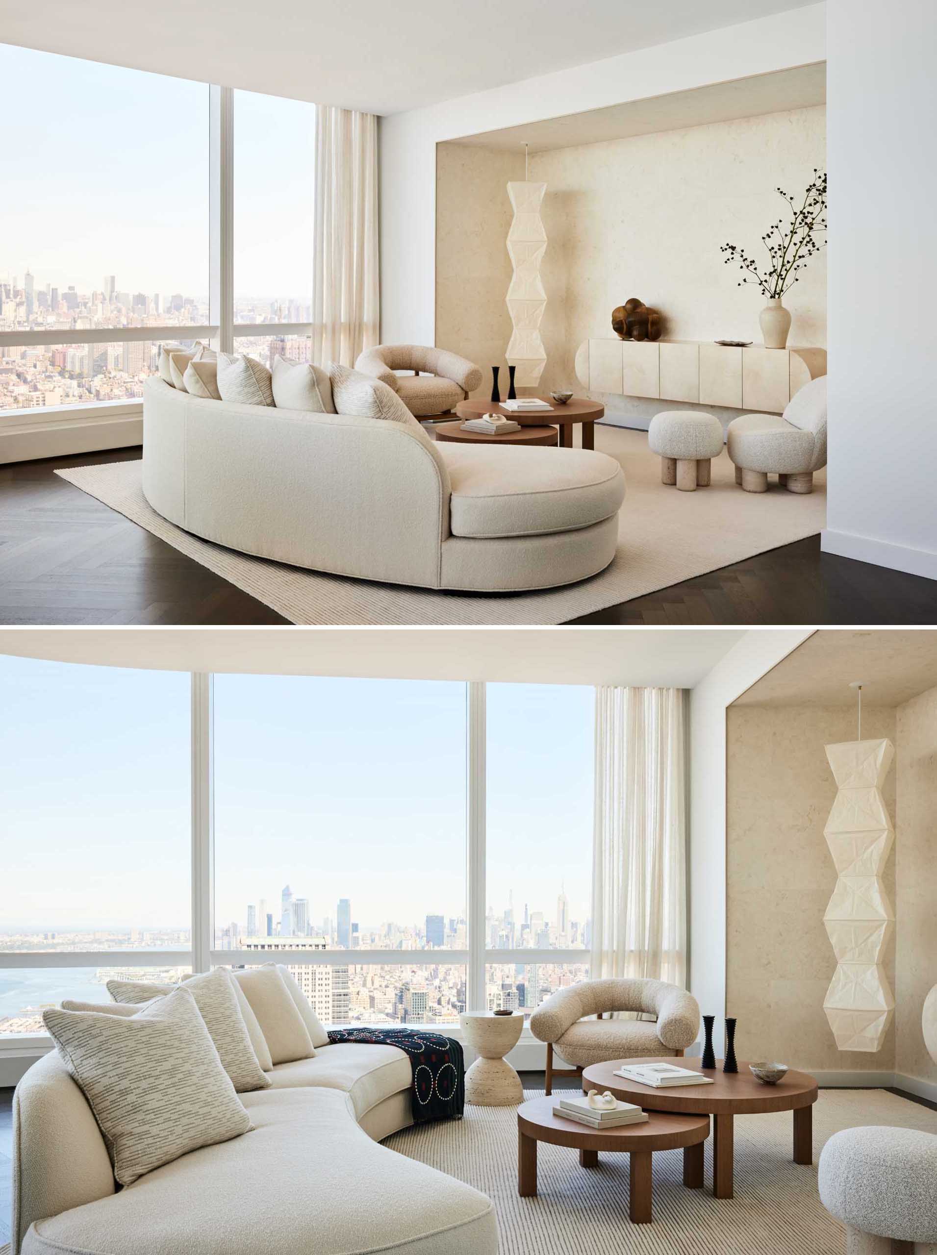 The open living/dining space has views of the city, while the living room niche in parchment was inspired by the de Noailles residence in Paris designed by Jean-Michel Frank in 1925. 