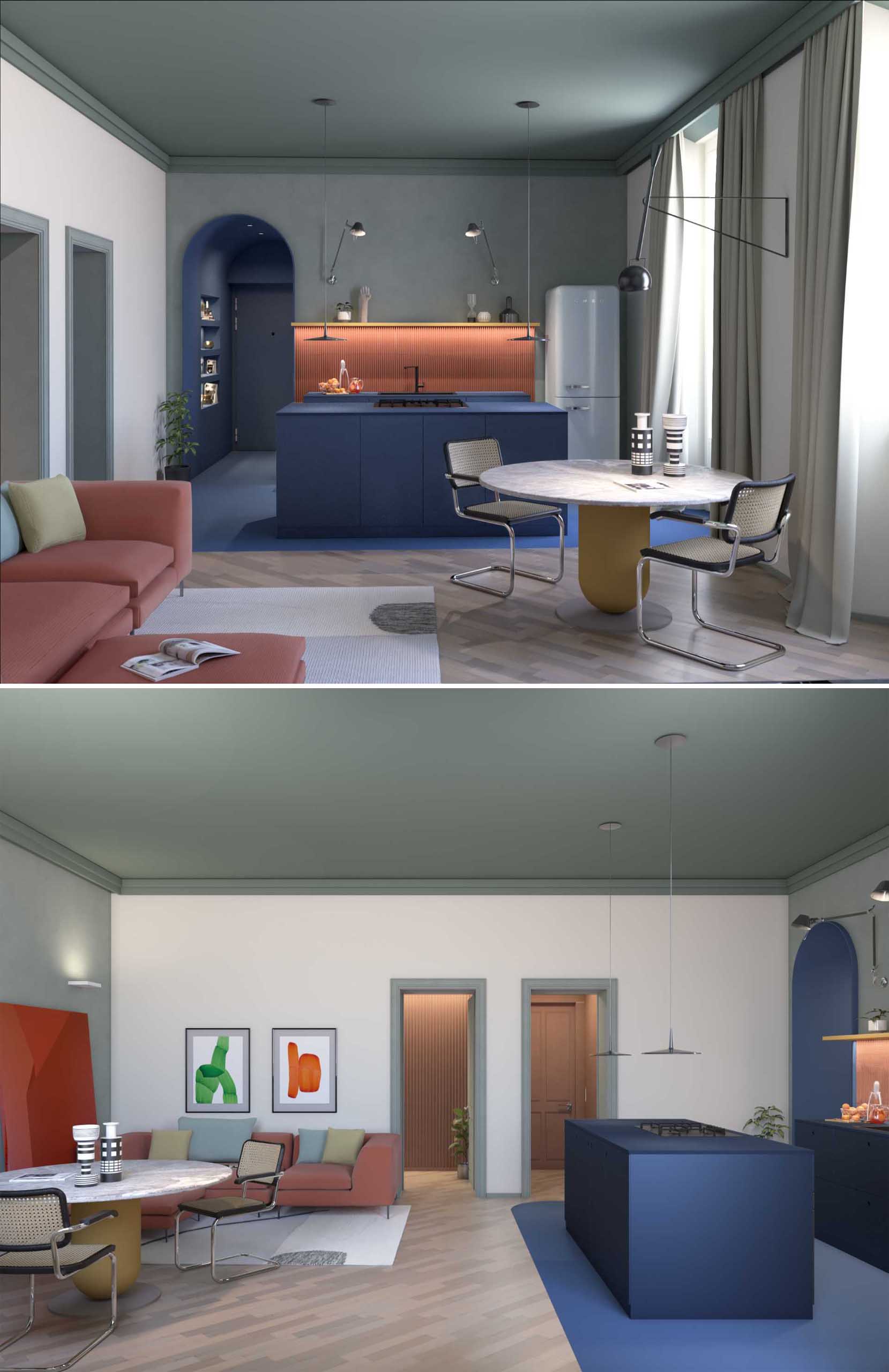 The rendering of an apartment interior with a blue kitchen.