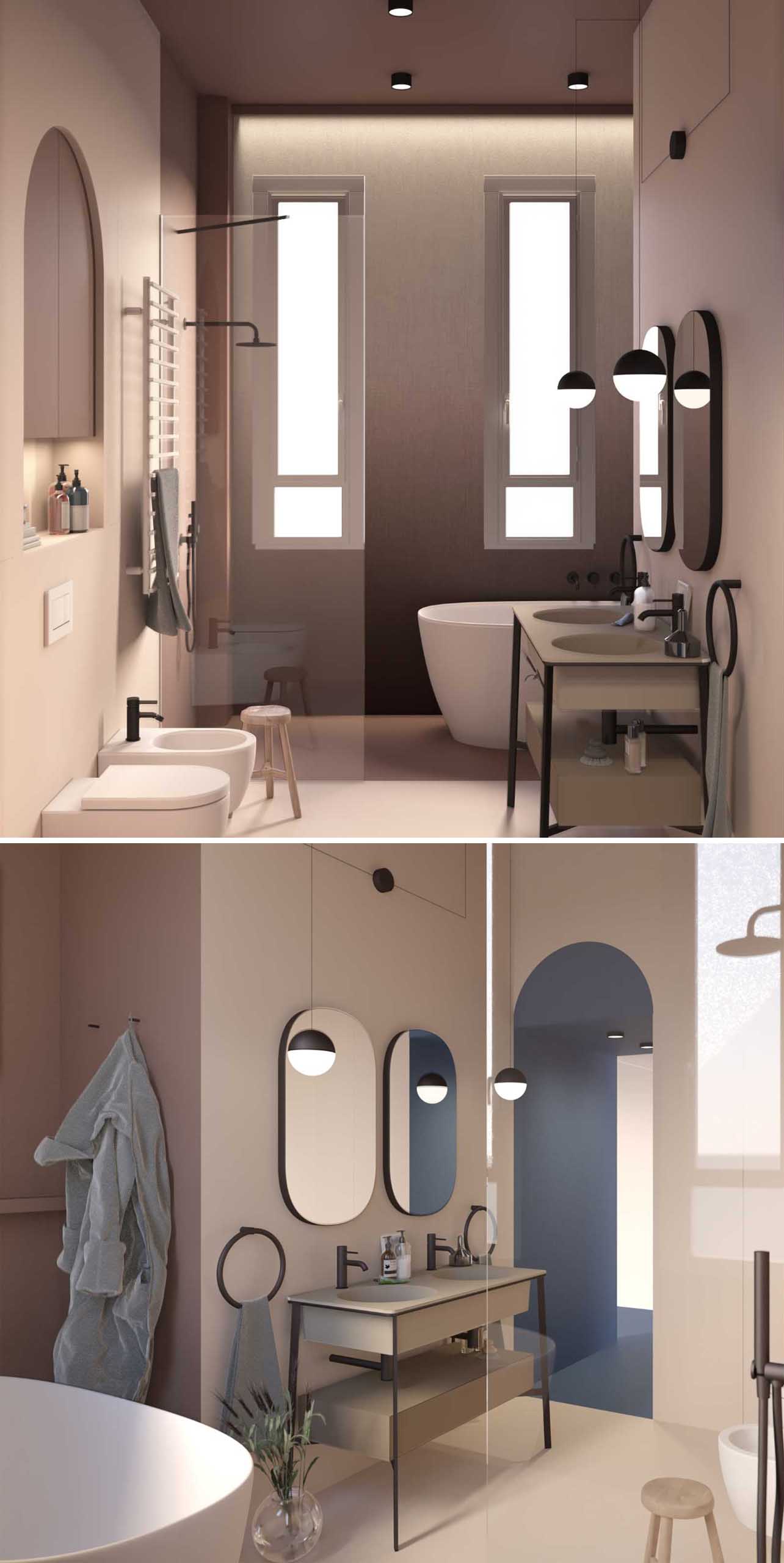 The rendering of a bathroom that uses color to define areas.