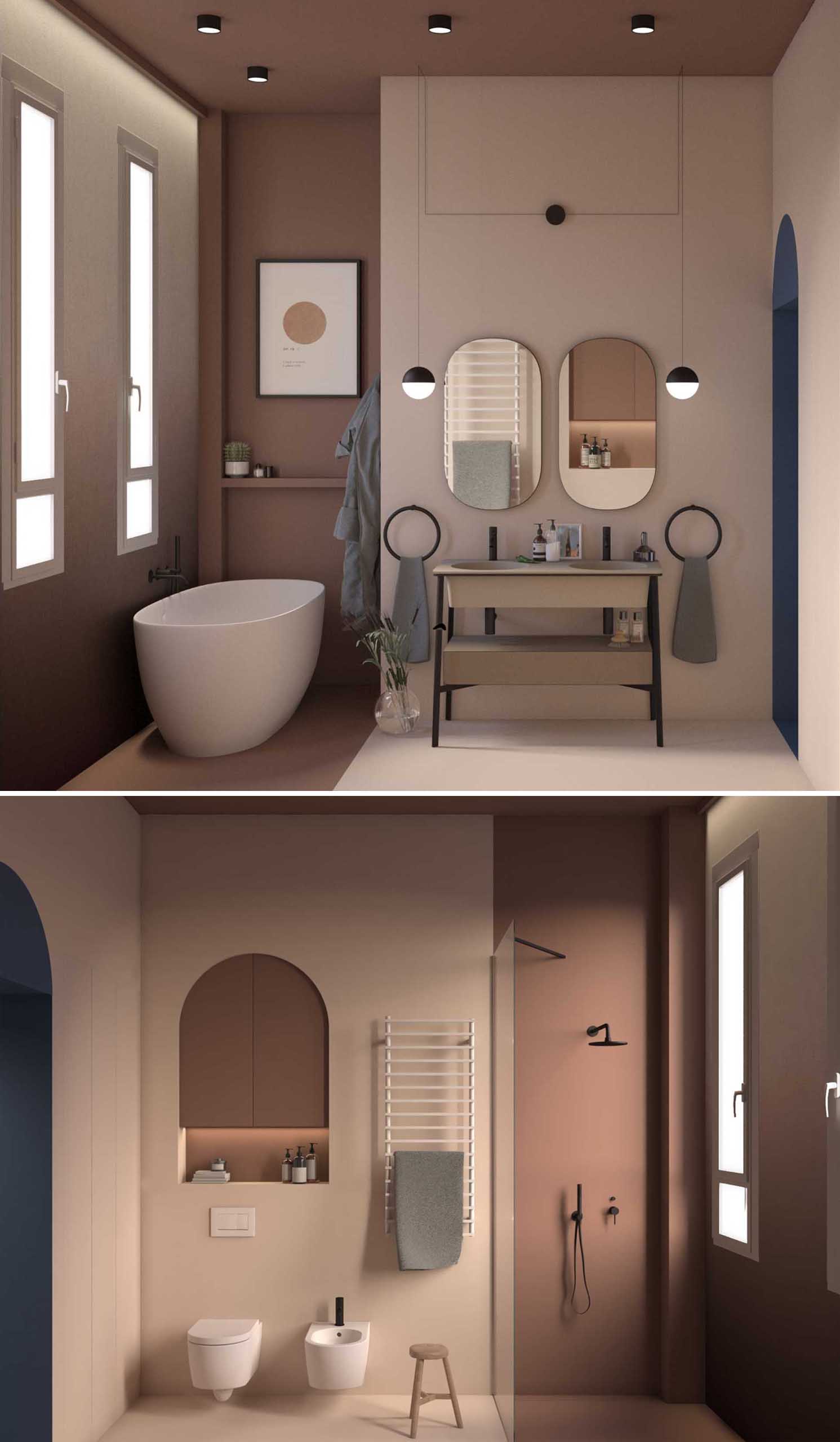 The rendering of a bathroom that uses color to define areas.