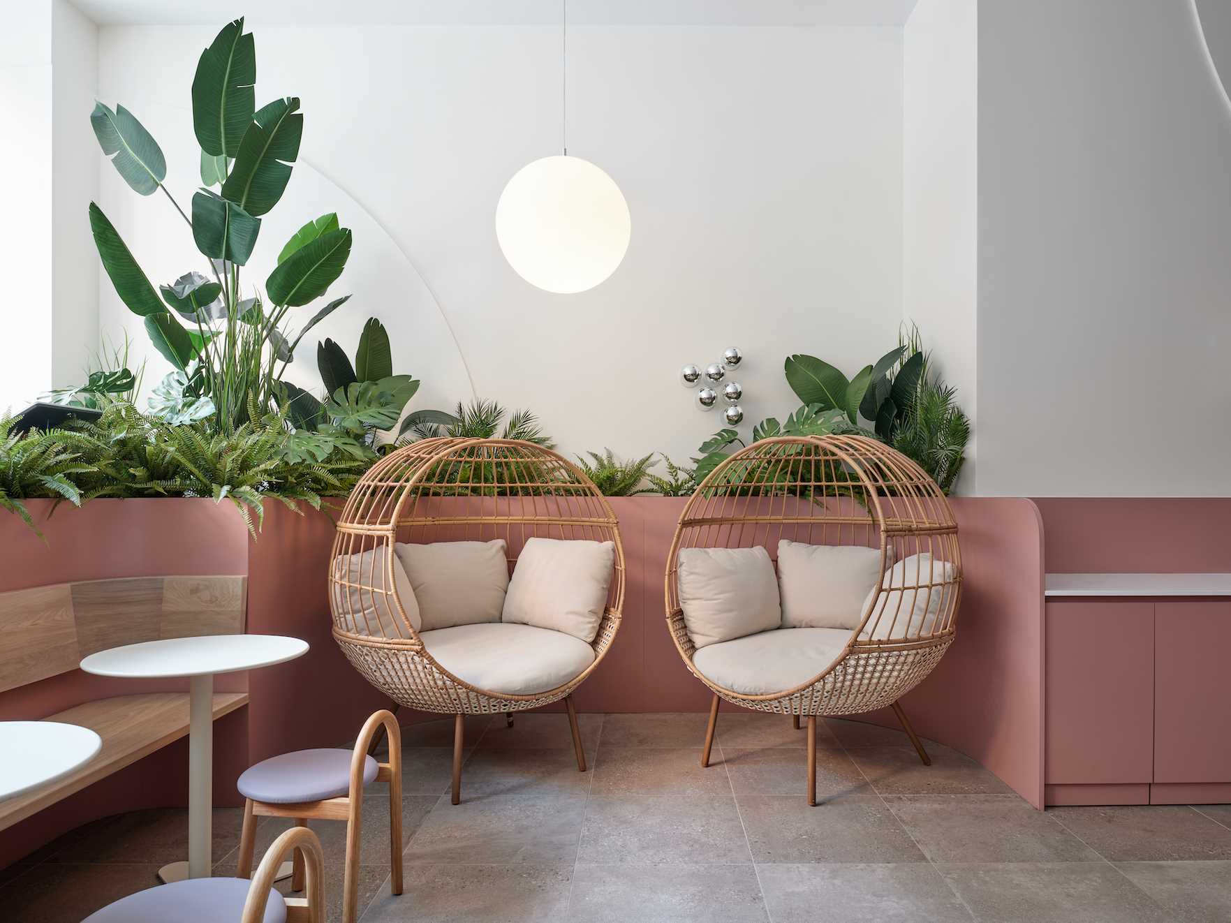کافه ای مدرن با گیاهان، صندلی های دنج و رنگ های ملایم.