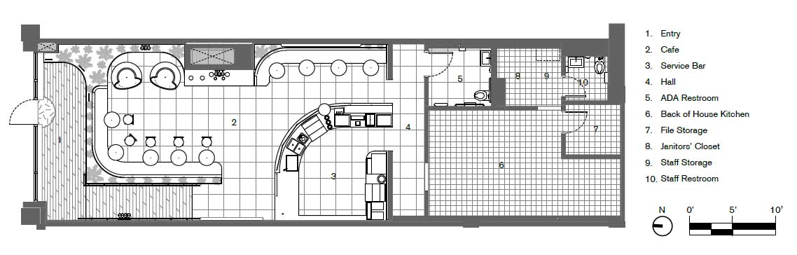 The floor plan of a modern cafe.